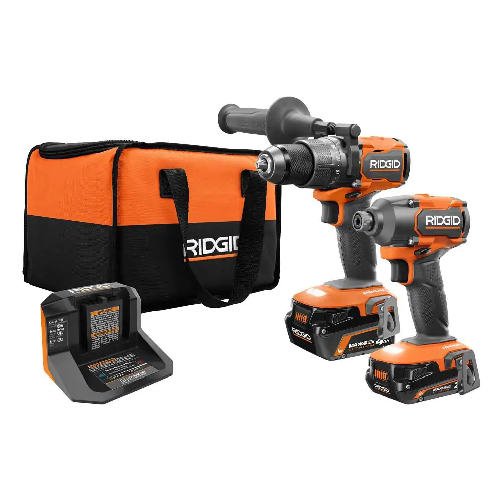 Ridgid 18V Brushless Cordless 2-Tool Combo Kit With Hammer Drill. Impact Driver. (2) Batteries. Charger. And Bag