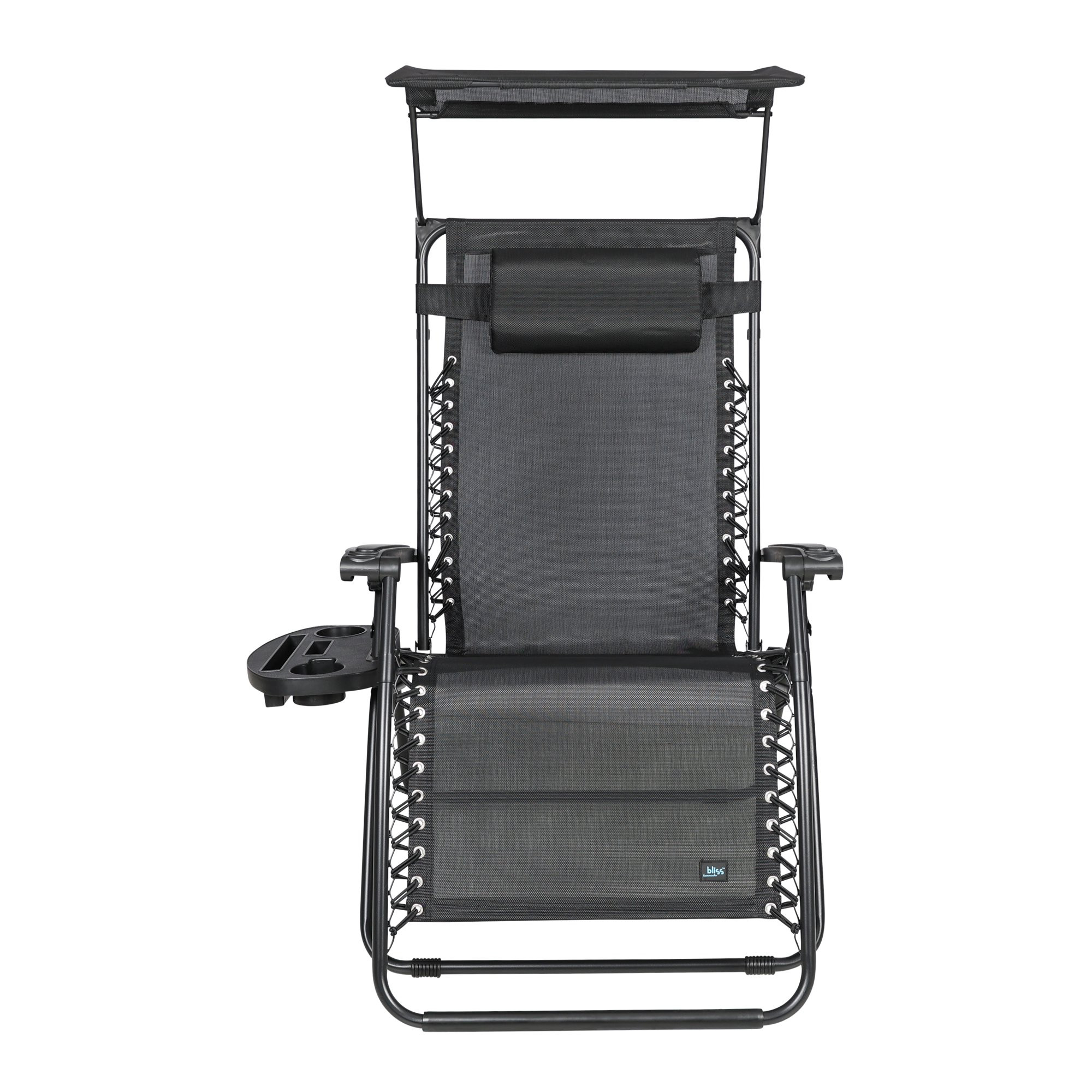 Bliss Hammocks 30″ Wide XL Zero Gravity Chair w/ Canopy. Pillow. & Drink Tray. 360 lbs Capacity. Black