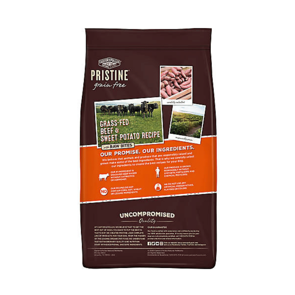 Castor & Pollux Pristine Grain Free Grass-Fed Beef and Sweet Potato Recipe with Raw Bites Dry Dog Food. 18 Pounds
