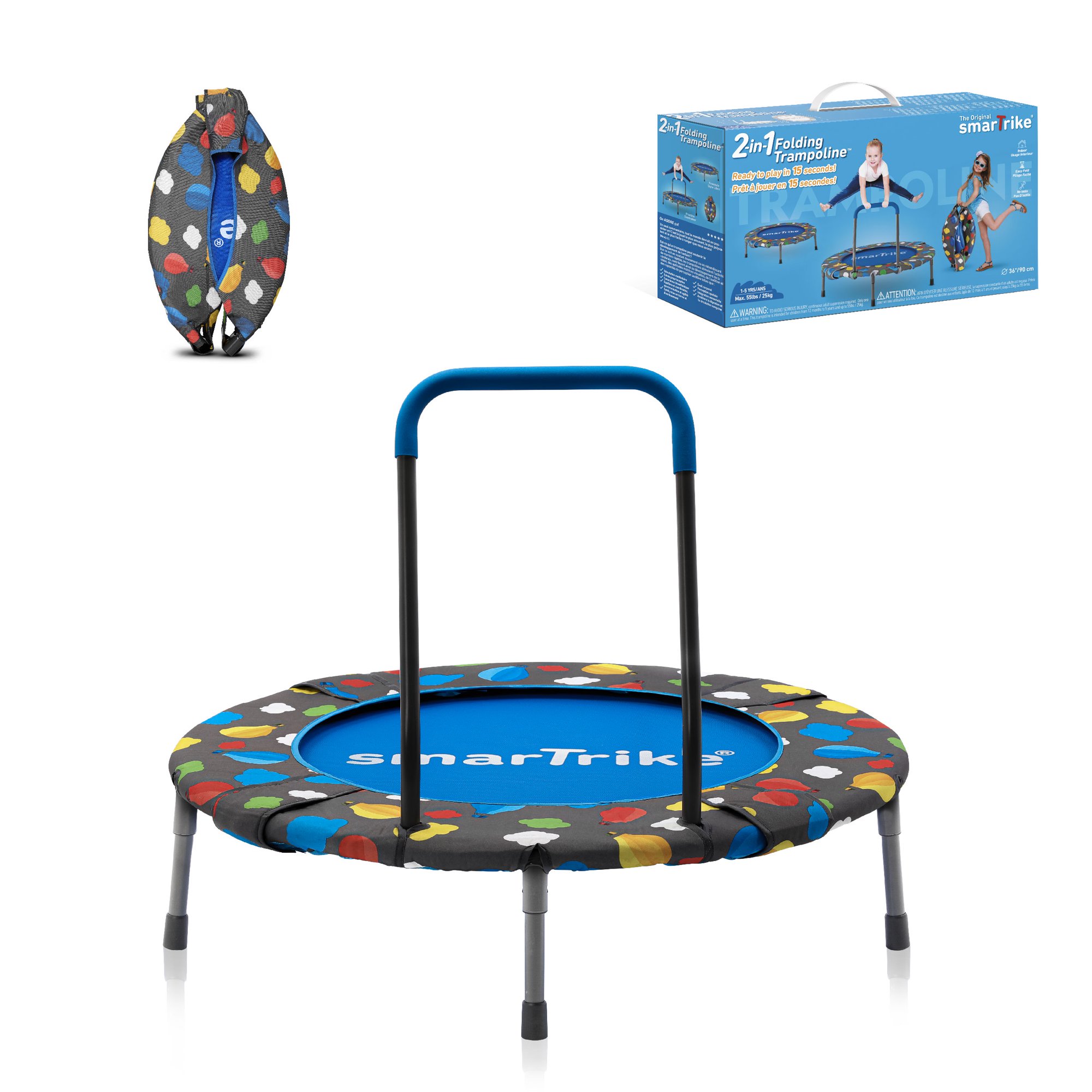 smarTrike 2-in-1 36-inch Indoor Folding Trampoline with Handlebar. Multicolor