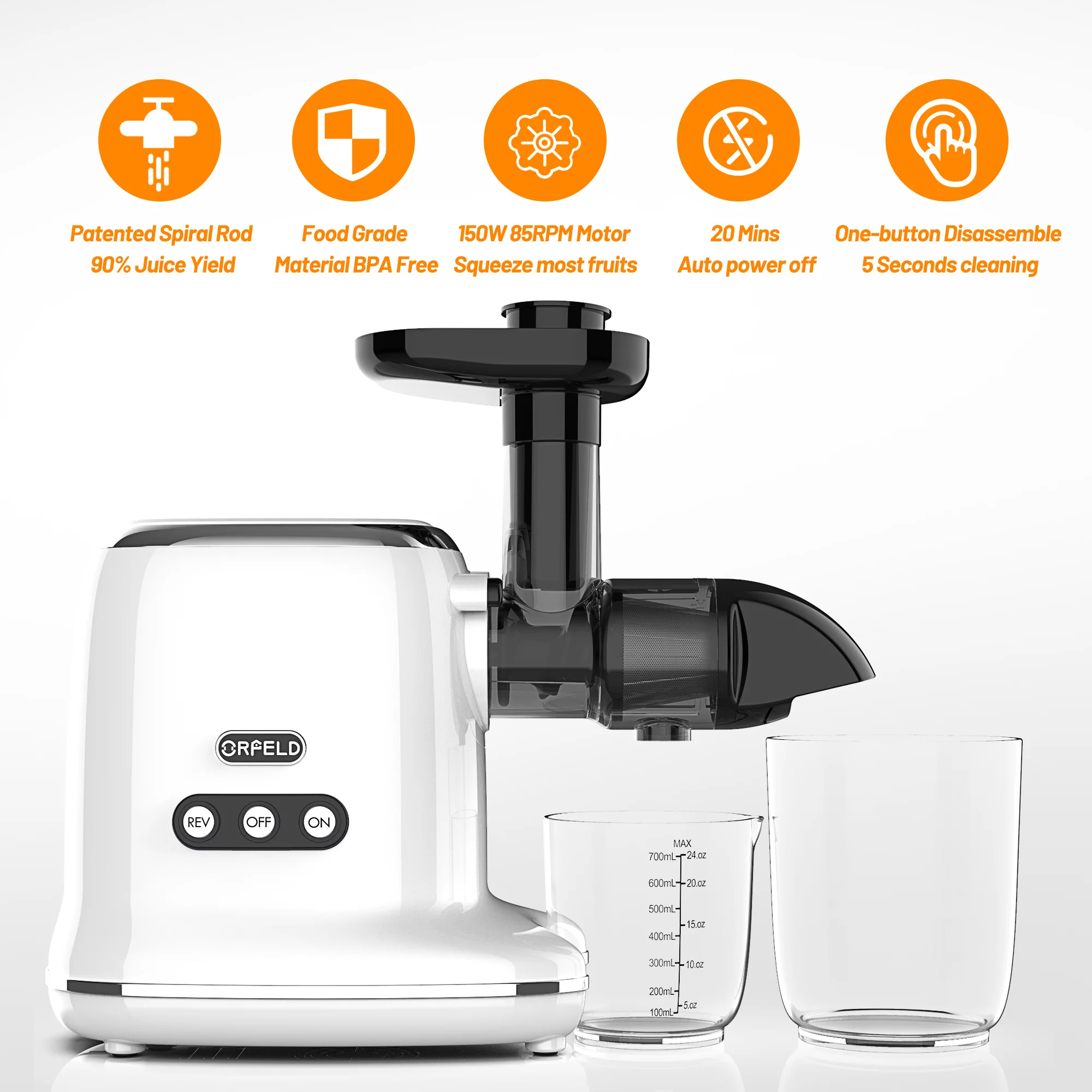 Orfeld Cold Press Juicer. Masticating Juicer. Easy Cleaning & Quiet Motor. White