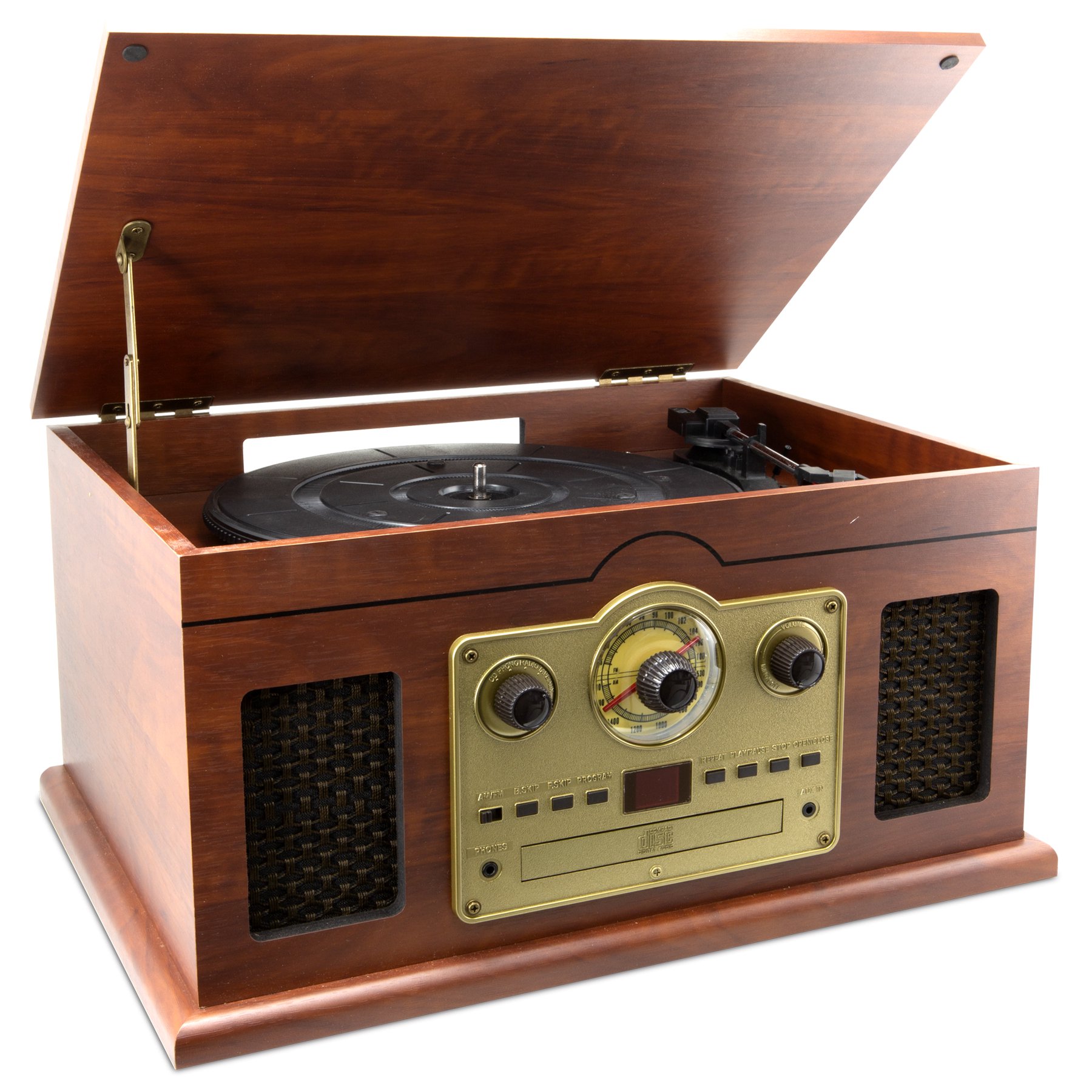 iLive 6-in-1 Bluetooth Turntable With CD/Cassette Players And AM/FM Radio. ITTB610LW. Brown