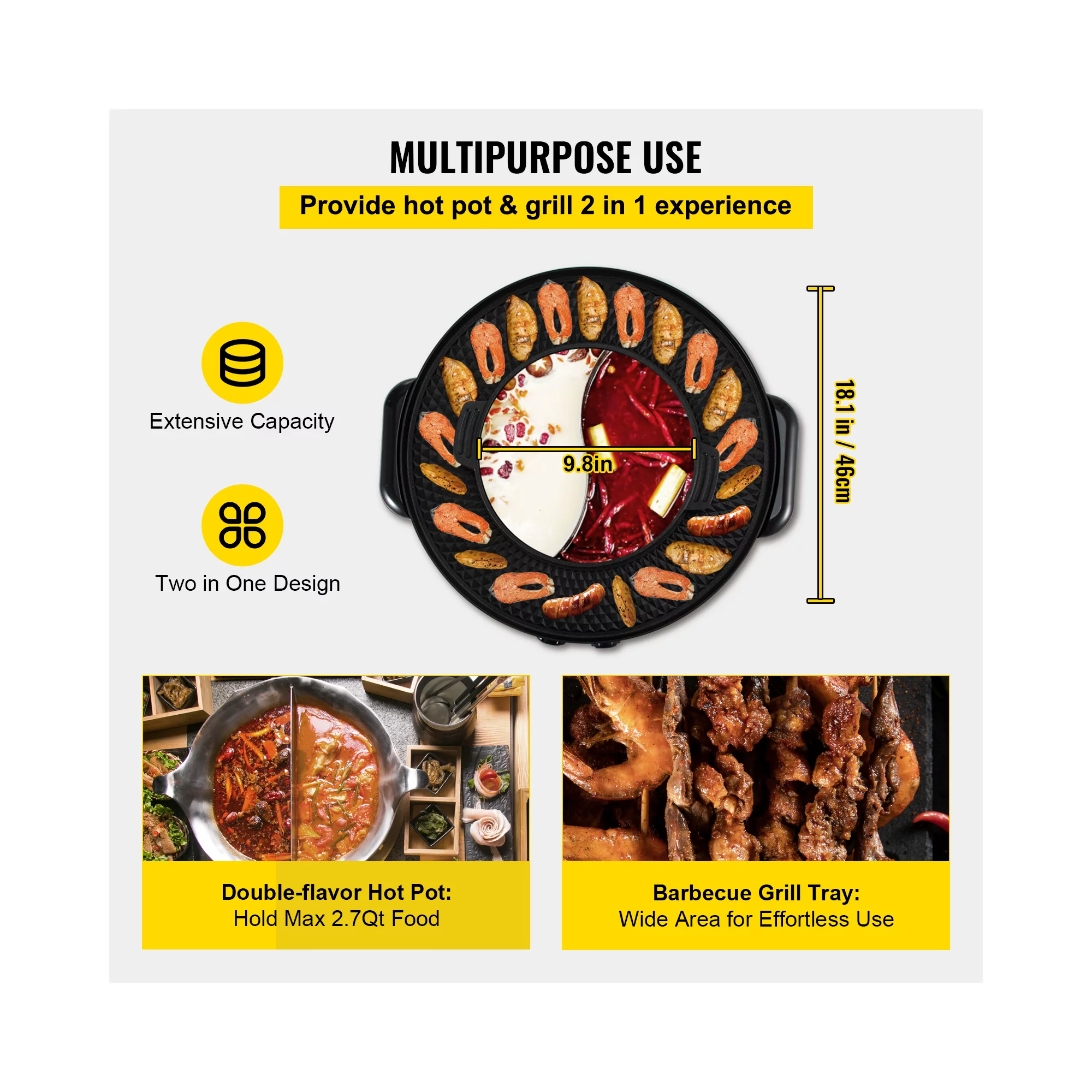 Vevor 2-in-1 2200W Electric Hot Pot and Grill with Dual Temp Control. Nonstick Coating. Black