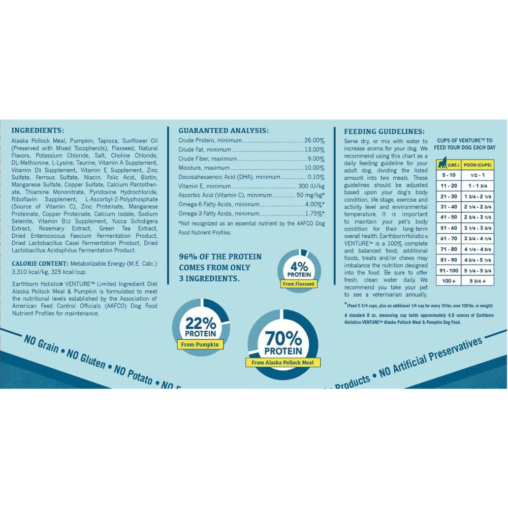 Earthborn Holistic Venture Alaska Pollock Meal & Pumpkin Limited Ingredient. 25-lb bag