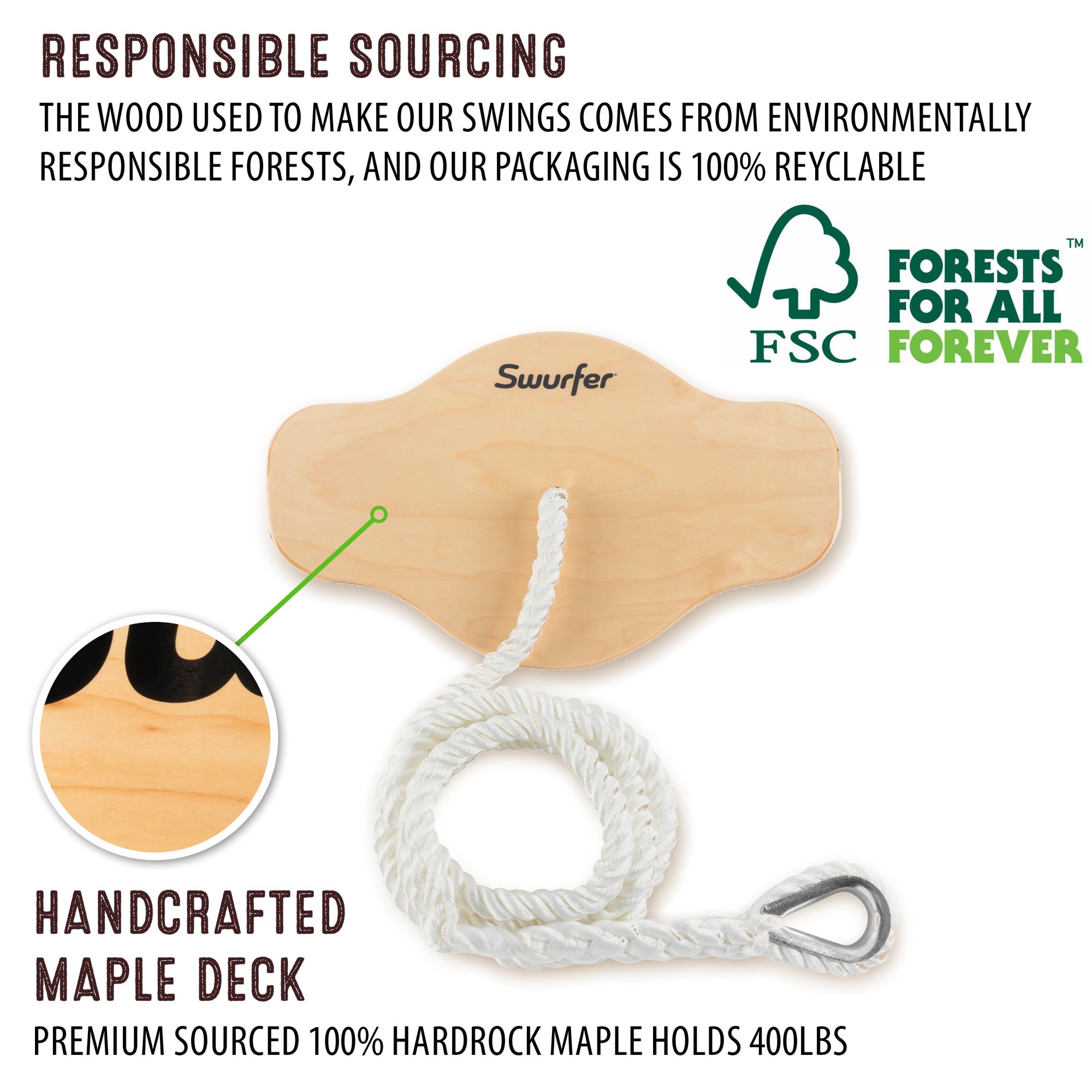 Swurfer Swift Maple Wood Curved Disc Swing with Heavy Duty Braided Rope. Holds up to 150 Pounds