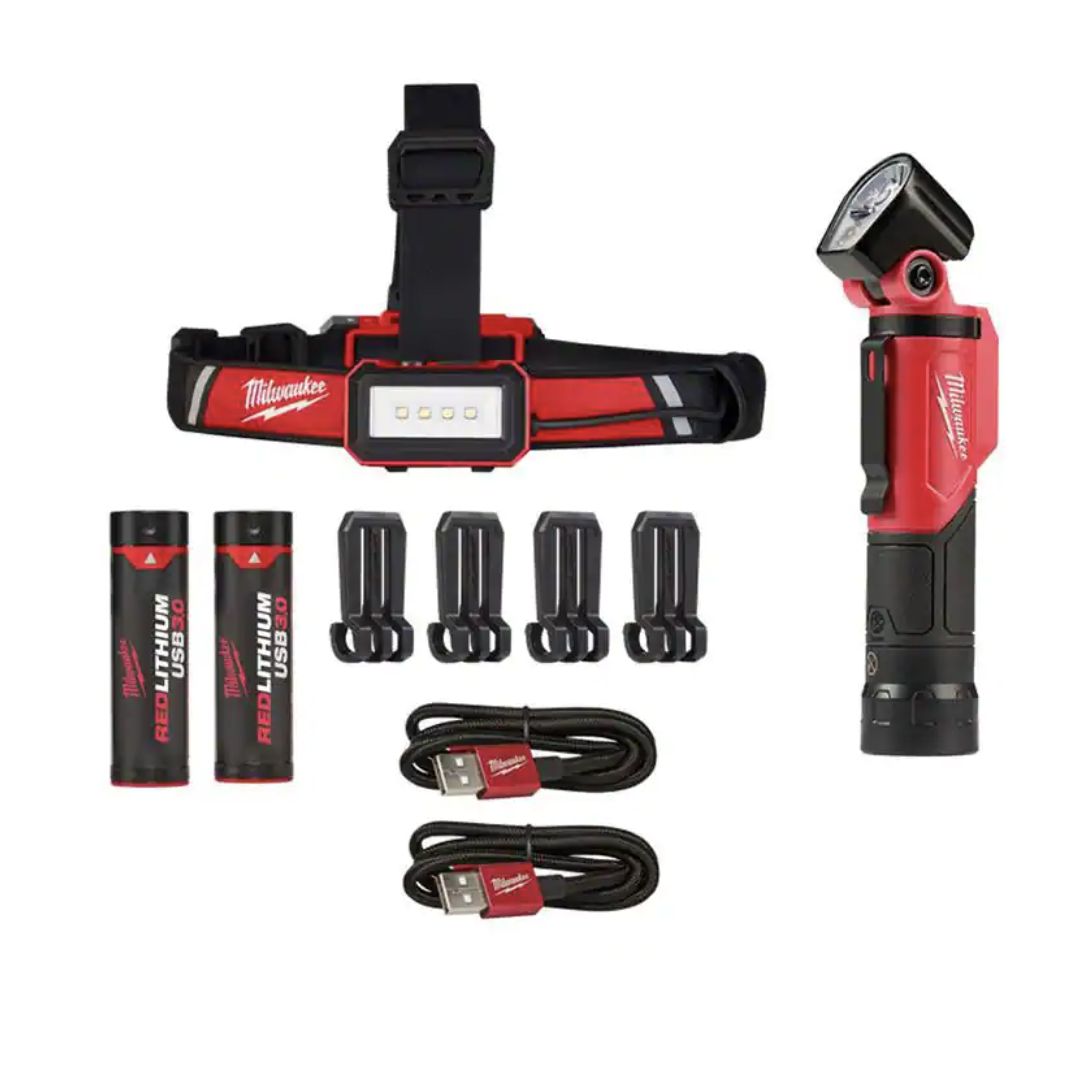 Milwaukee 600 Lumens LED REDLITHIUM USB Low-Profile Hard Hat Headlamp & 500 Lumens LED Pivoting REDLITHIUM USB Flashlight (2-Pack)