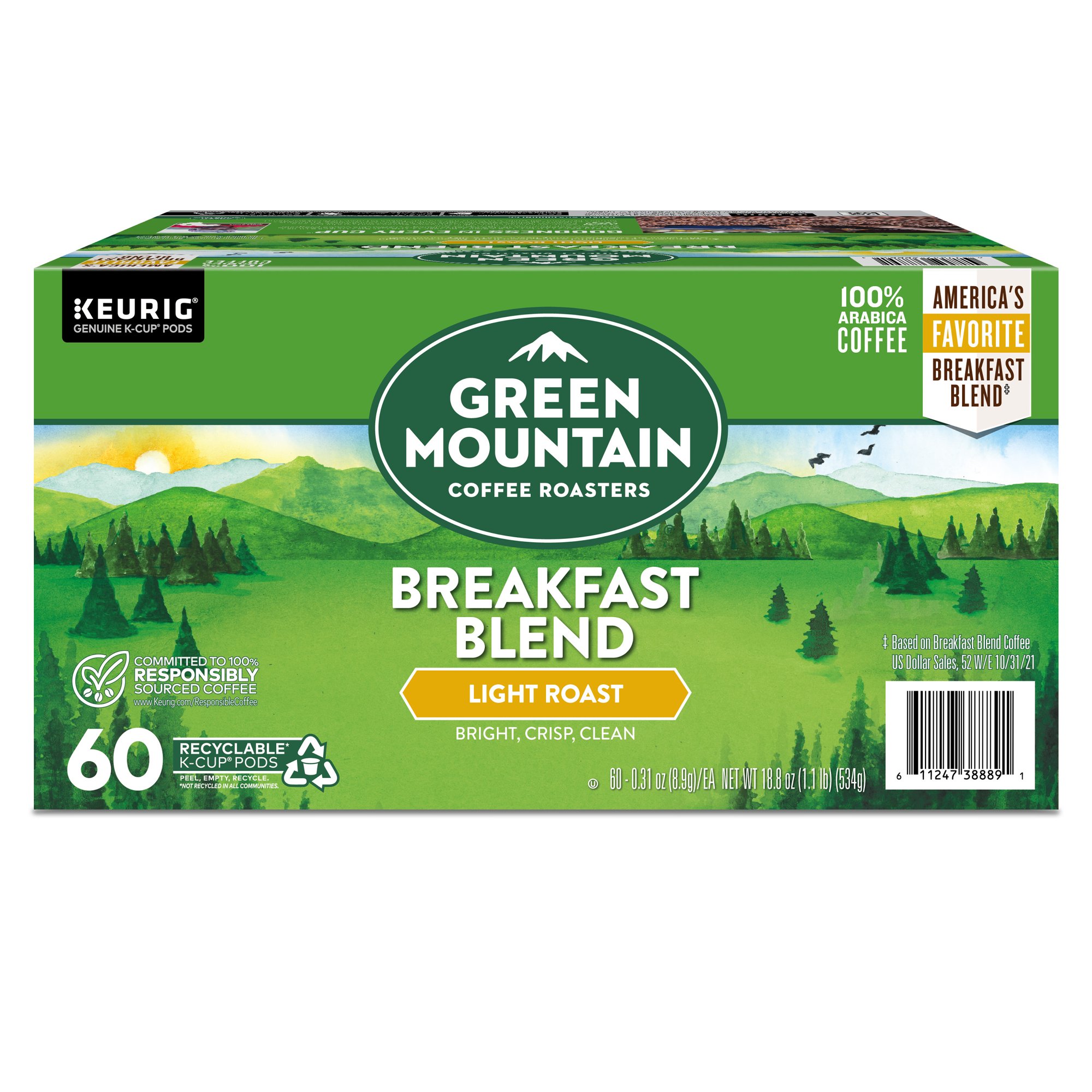 Green Mountain Coffee Breakfast Blend Single Serve K-Cup Pods. Light Roast Coffee. 60 Count