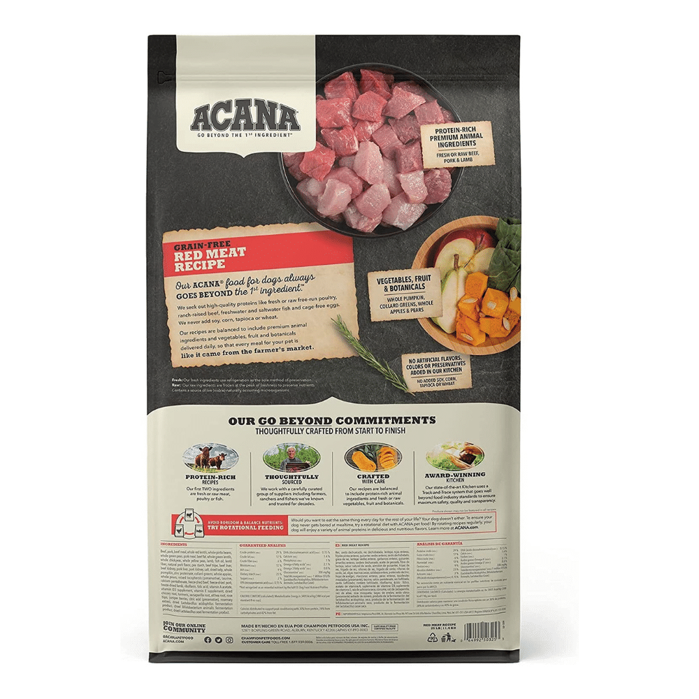 Acana Grain Free Dog Food. Red Meat. Ranch-Raised Beef. Yorkshire Pork. Grass-Fed Lamb