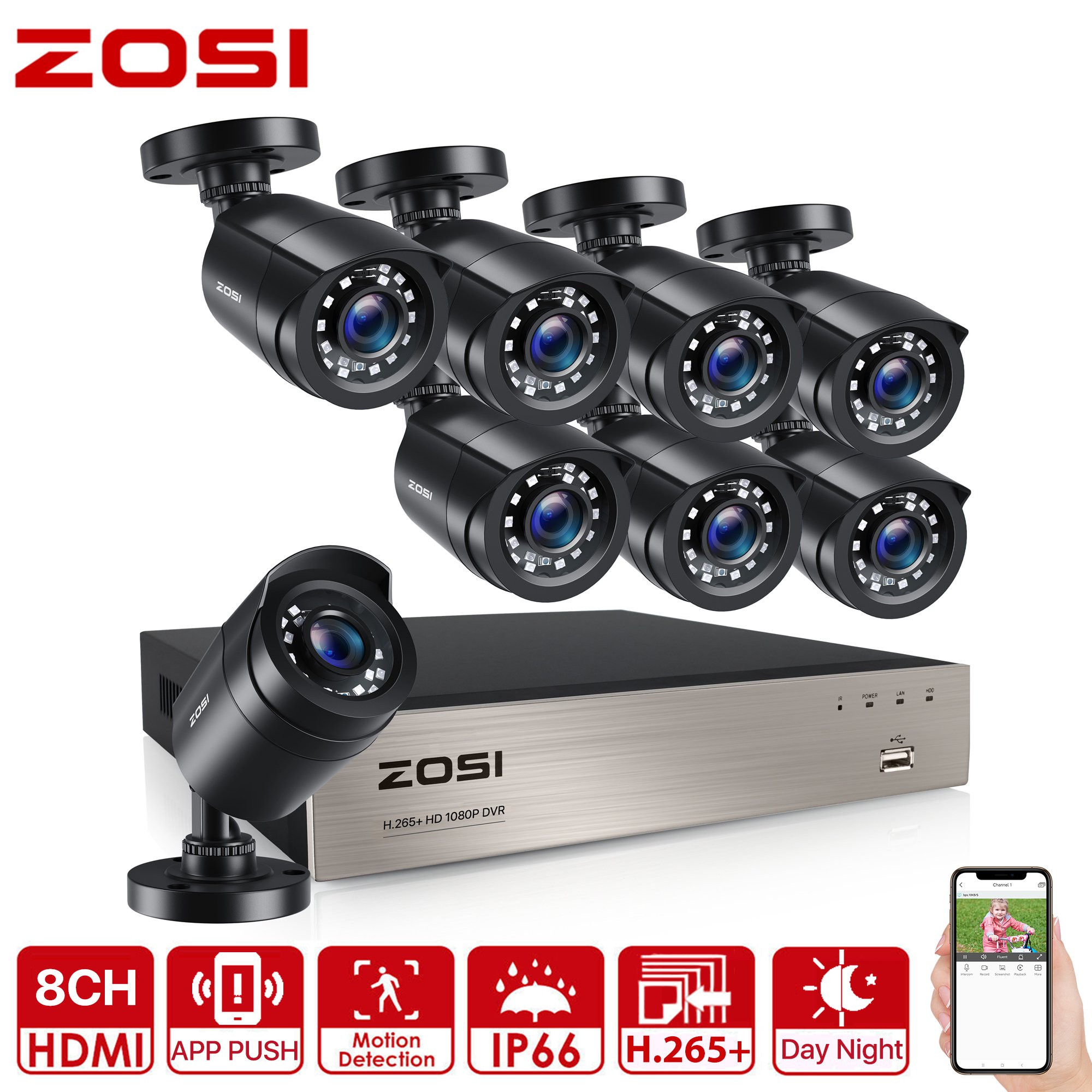 ZOSI H.265+ 8CH 5MP Lite DVR 1080P Home Security Camera System Outdoor
