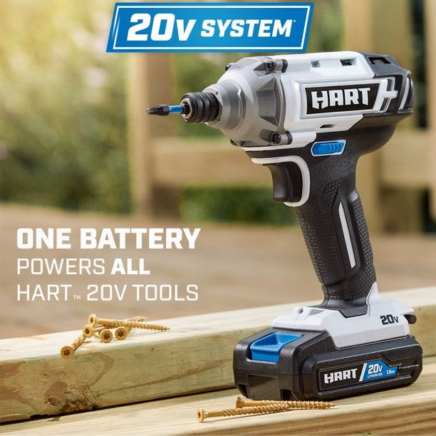 Hart 20-Volt Cordless 4-Tool Combo Kit. 2 1.5Ah Lithium-Ion Batteries. 16-Inch Storage Bag