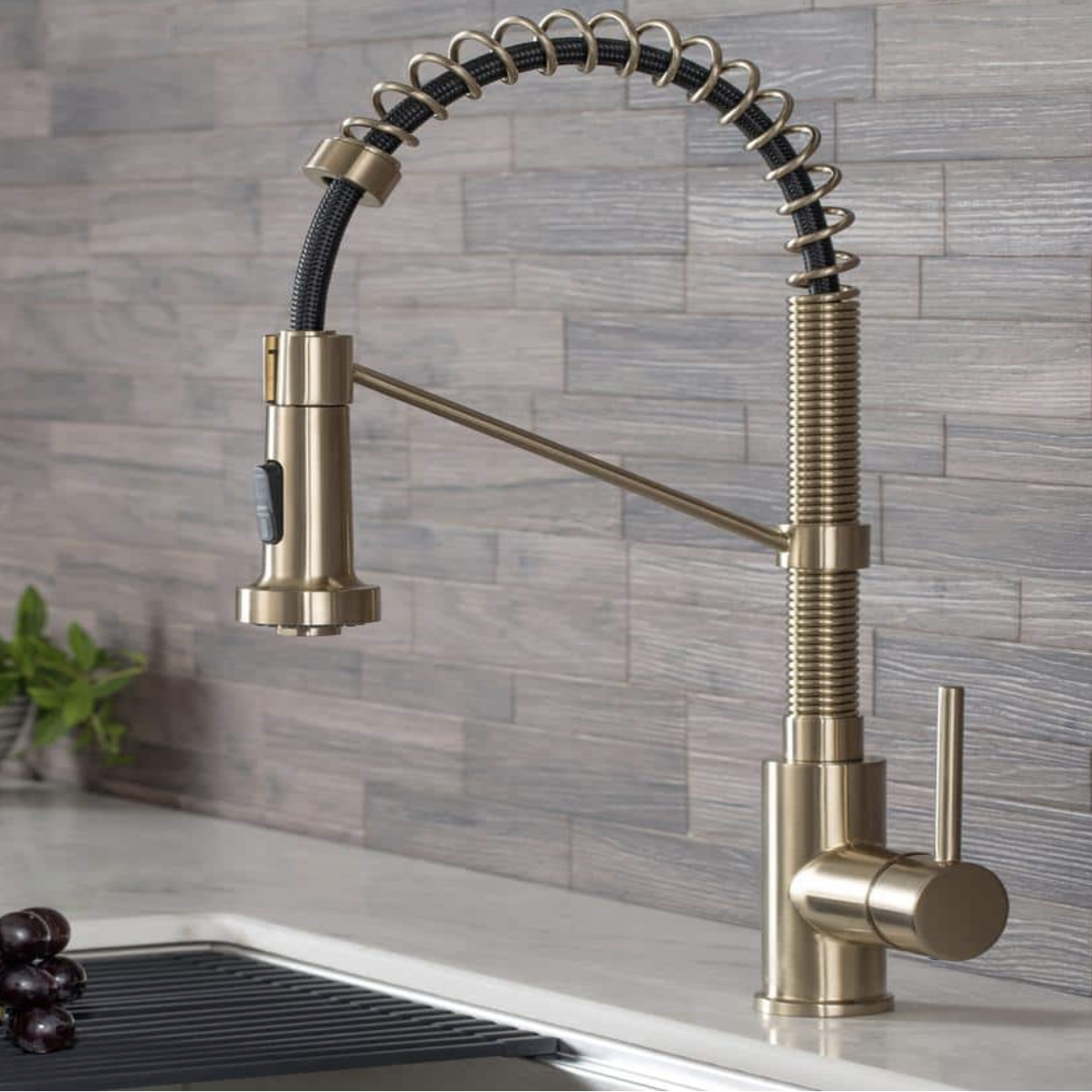 Kraus Single Handle 18-Inch Commercial Kitchen Faucet with Dual Function Pull-Down Sprayhead. Brushed Gold Finish