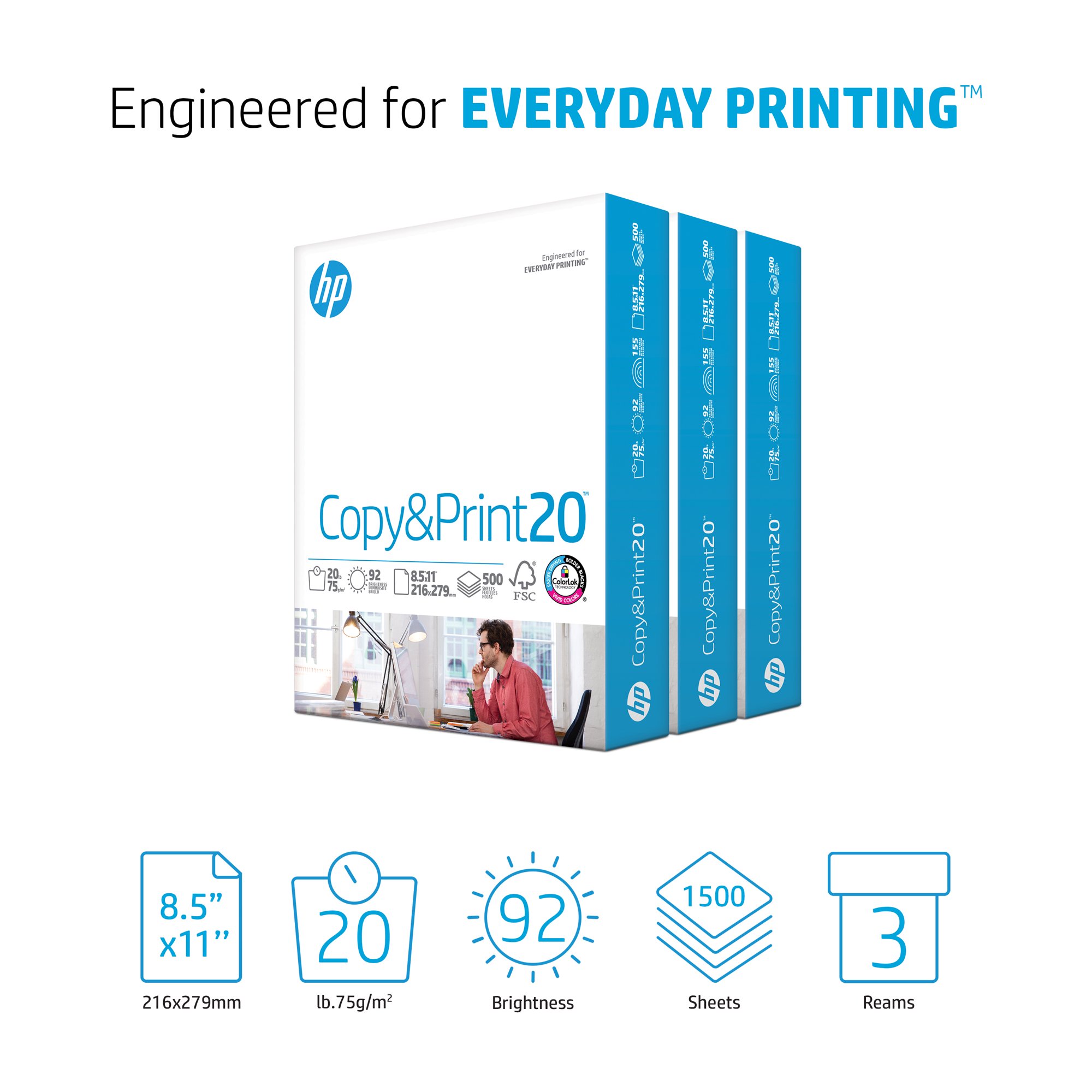 HP Printer Paper - Copy & Print 20lb. 8.5×11. 3 Ream. 1500 Shts