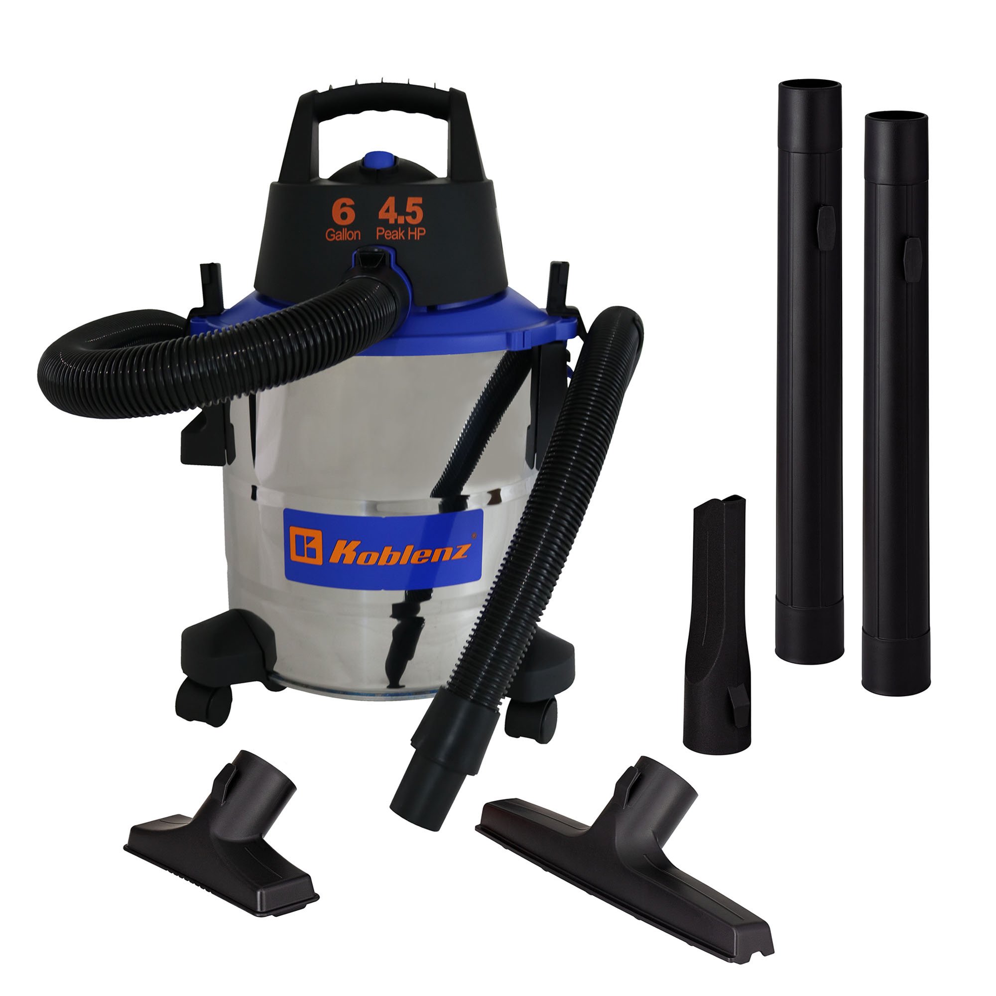 Koblenz Stainless Steel Wet Dry Blow Vacuum 6 Gallon. 4.5 Peak HP 1-7/8 In x 7 Ft Locking Hose (WD 6 L212 SS)