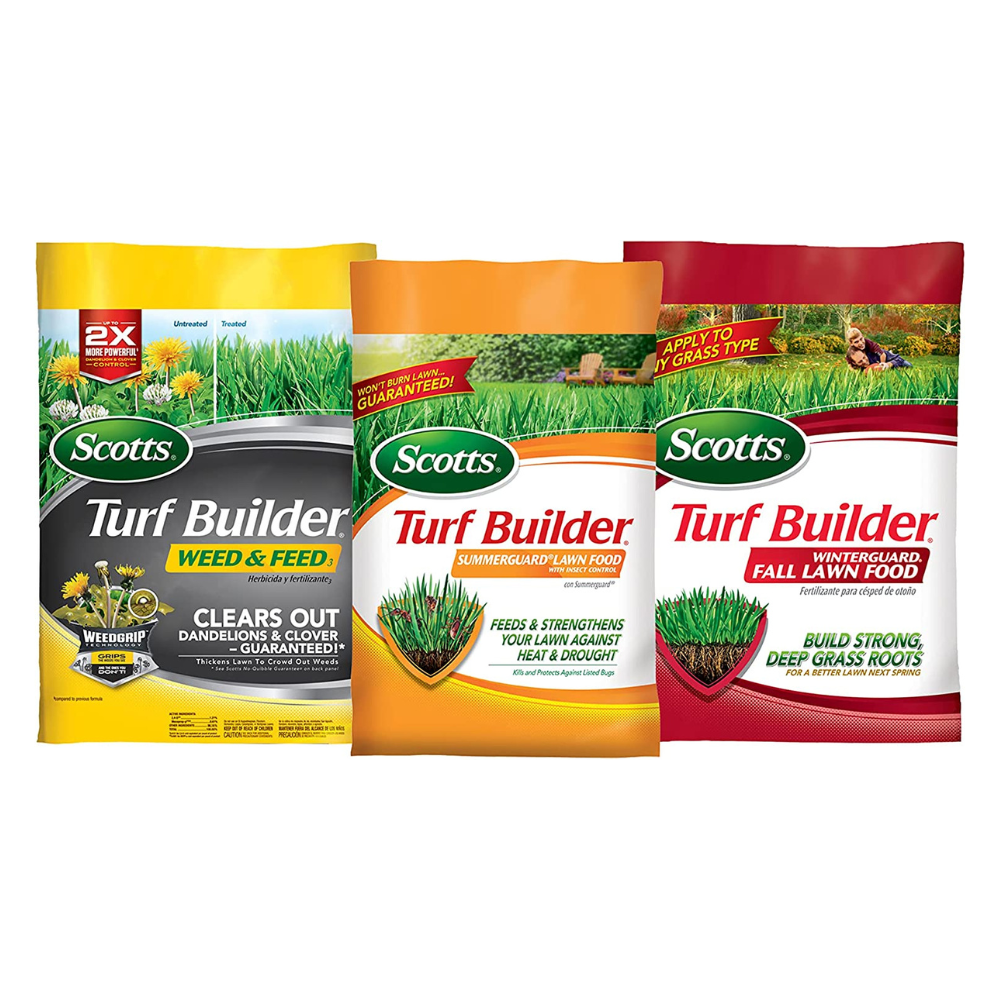 Scotts 3-Part Turf Builder Fertilizer Bundle for Small Yards (Northern) with Weed & Feed. SummerGuard. Fall Lawn Food