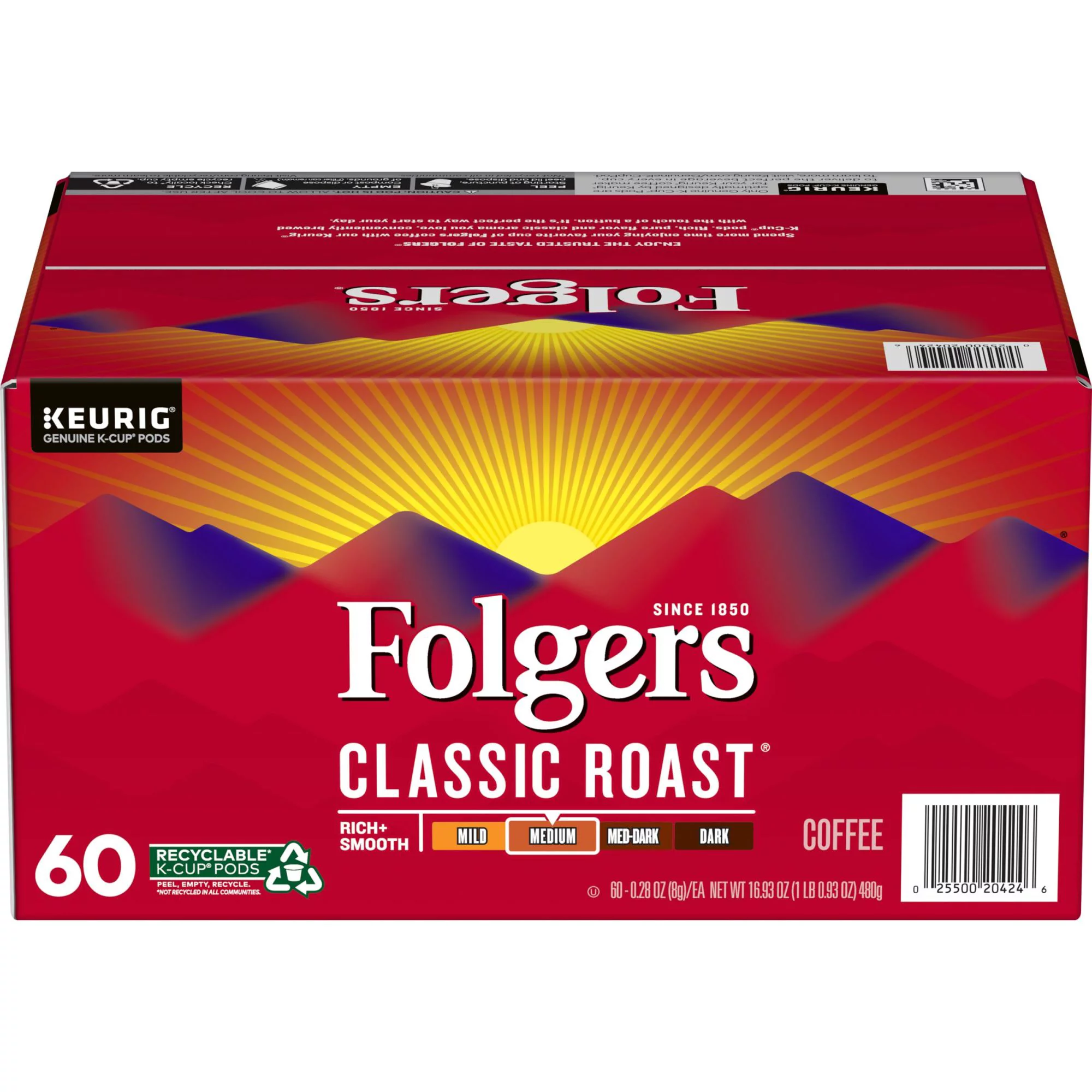 Folgers Classic Roast K-Cup Pods. Medium Roast Coffee. 60 Count