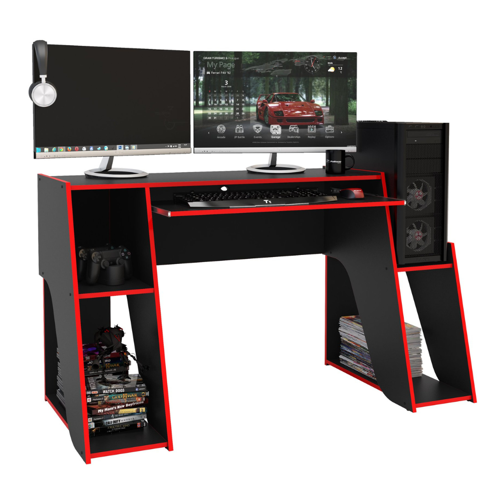 Polifurniture Kyoto Modern 47″ Wood Gaming Desk with Keyboard Tray. Black and Red Finish