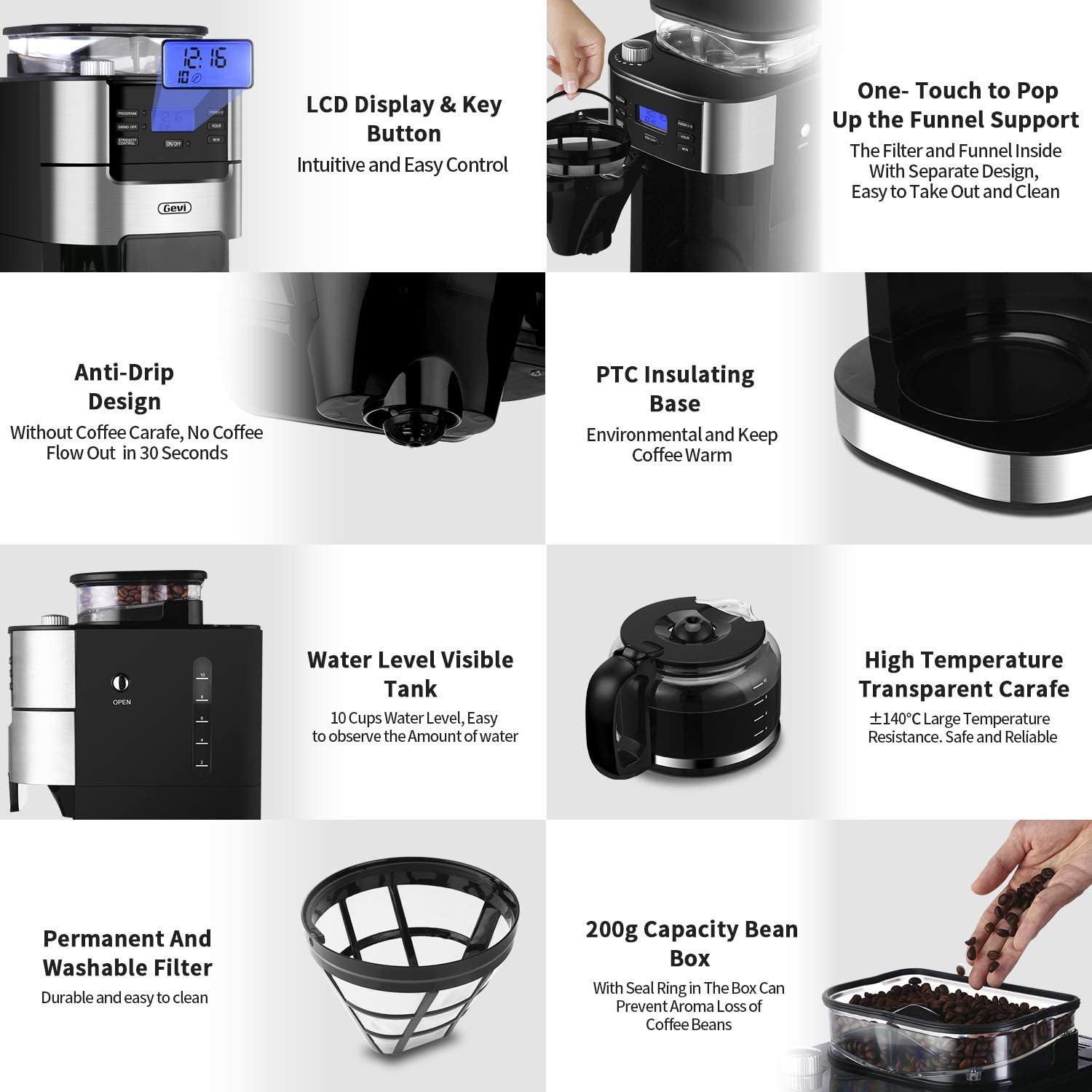 Gevi 10-Cup Coffee Maker with Grinder Coffee Machine. Keep Warm Plate. 1.5L Large Capacity Water Tank. Black