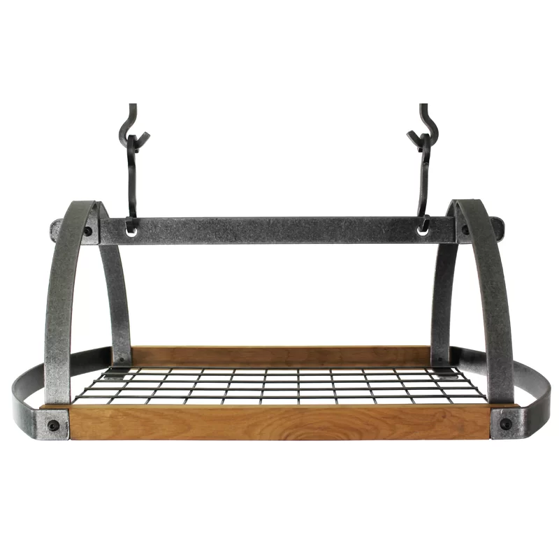 Enclume Handcrafted Decor Oval Ceiling Hanging Pot Rack. Hammered Steel/Alder Wood