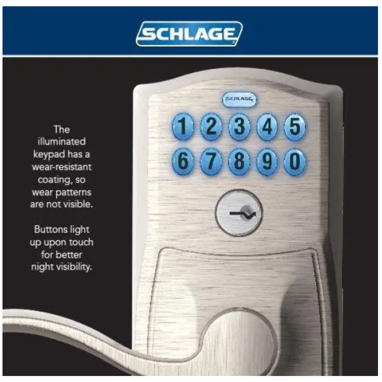 Schlage Camelot Satin Nickel Electronic Door Lock with Accent Door Lever (FE575 CAM 619 ACC)