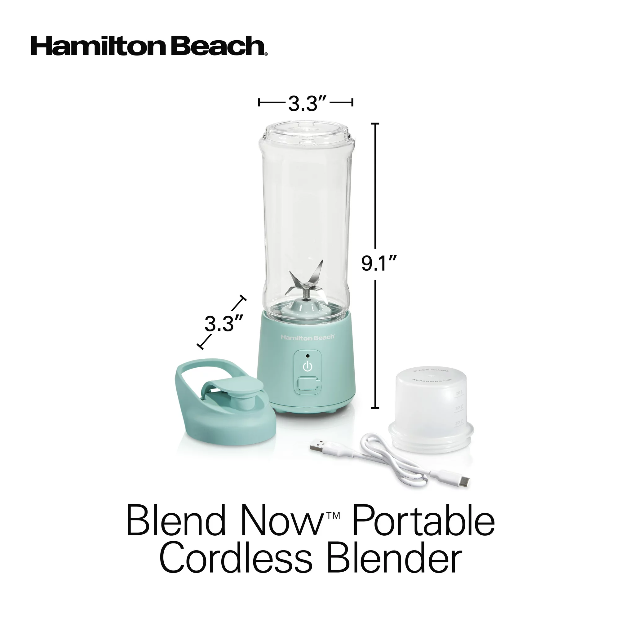 Hamilton Beach Blend Now Portable Cordless Blender. USB Rechargeable. 16 oz. Jar with Travel Lid. Green