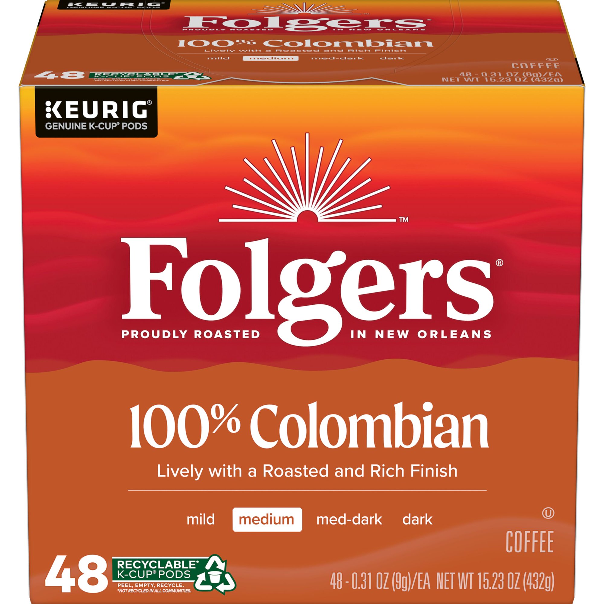 Folgers 100% Colombian Medium Roast Coffee. 48 Keurig K-Cup Pods