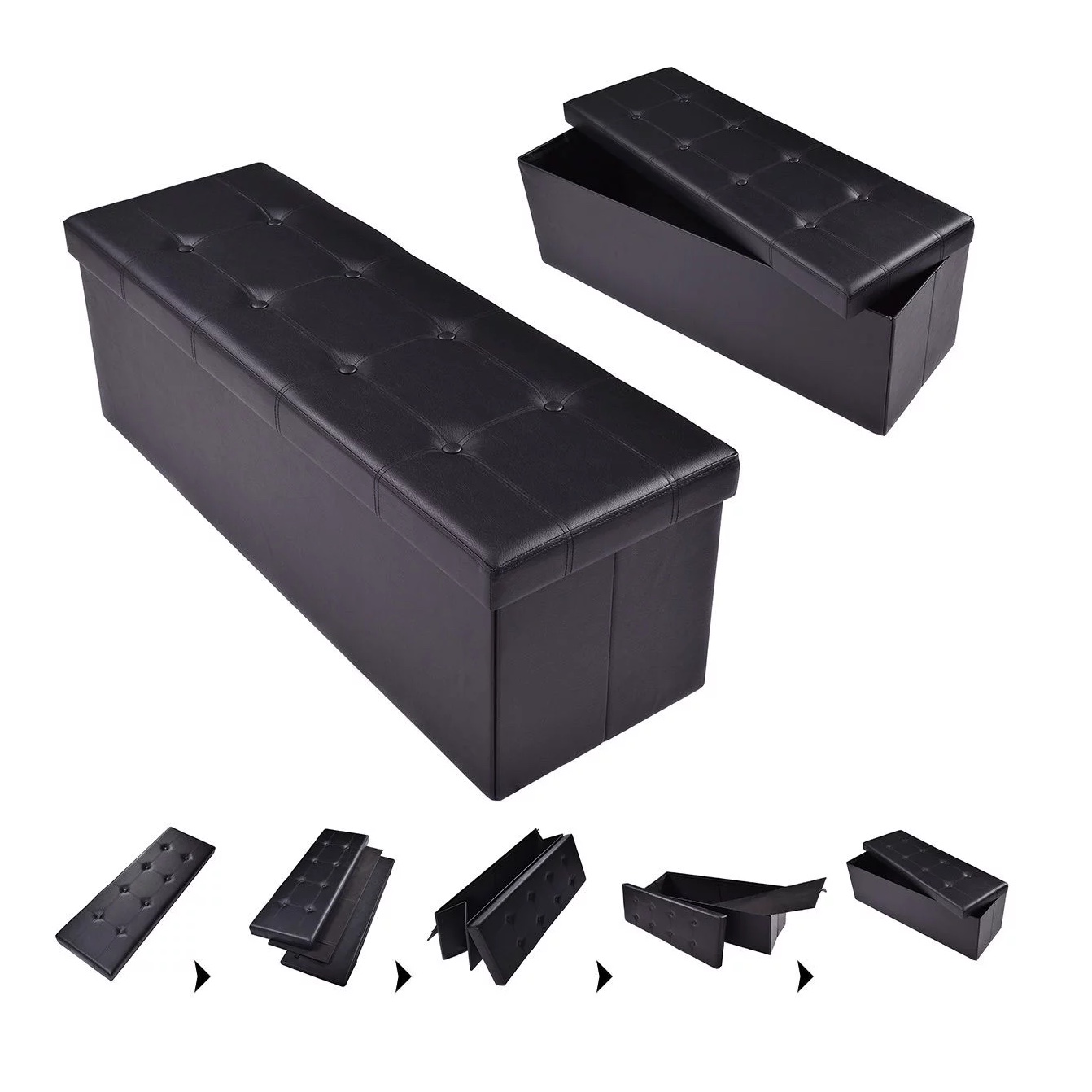 Costway 45”x15”x15” Large Folding Storage Faux Leather Ottoman Pouffe Box Stool. Black