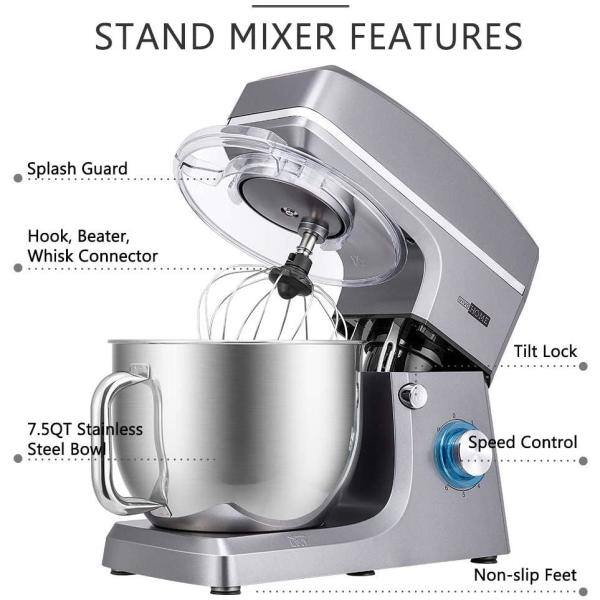 Vivohome 7.5 qt. 6-Speed Silver Tilt-Head Electric Stand Mixer With Accessories And ETL Listed