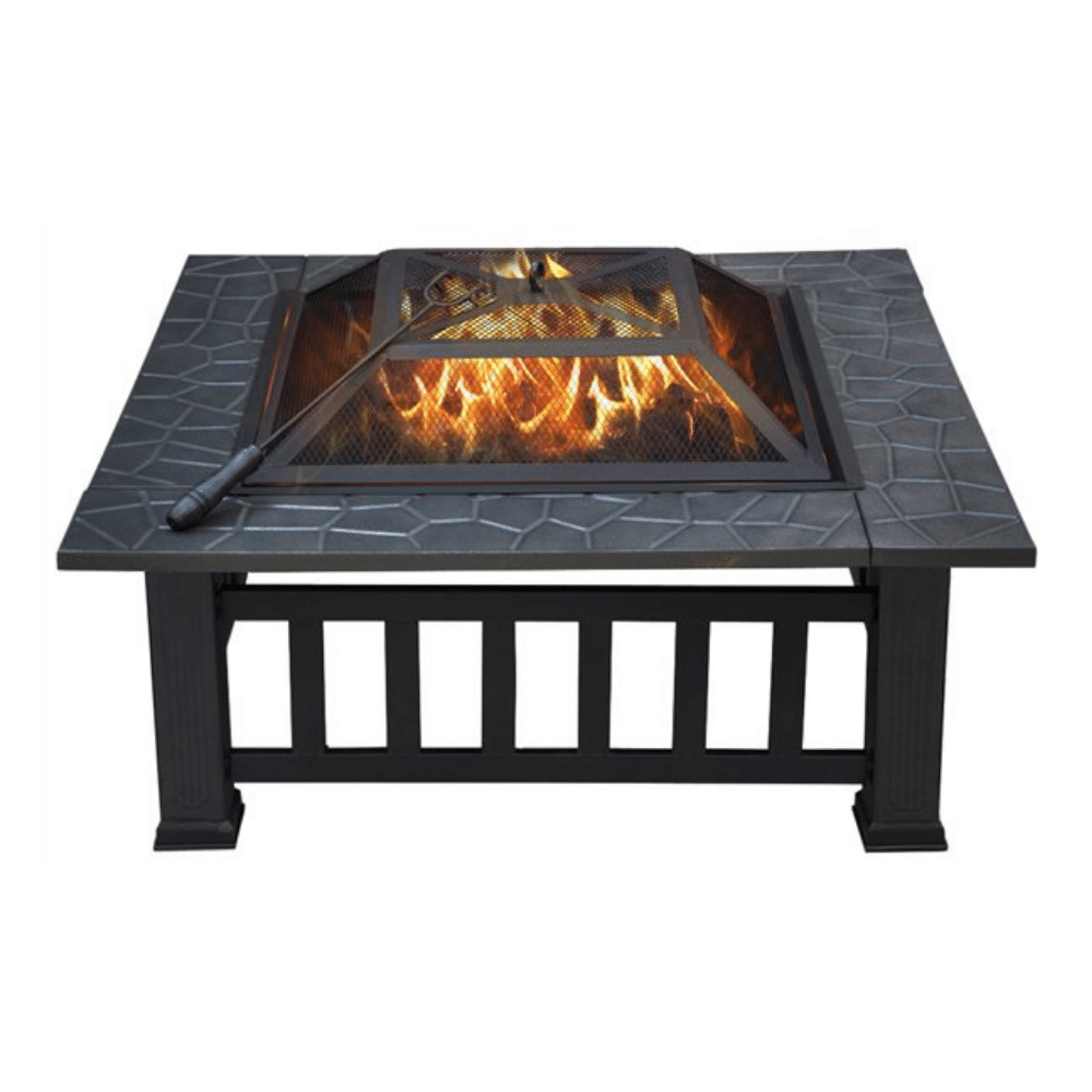 Easyfashion Outdoor 32-Inch Square Metal Fire Pit with Cover and Poker. Black