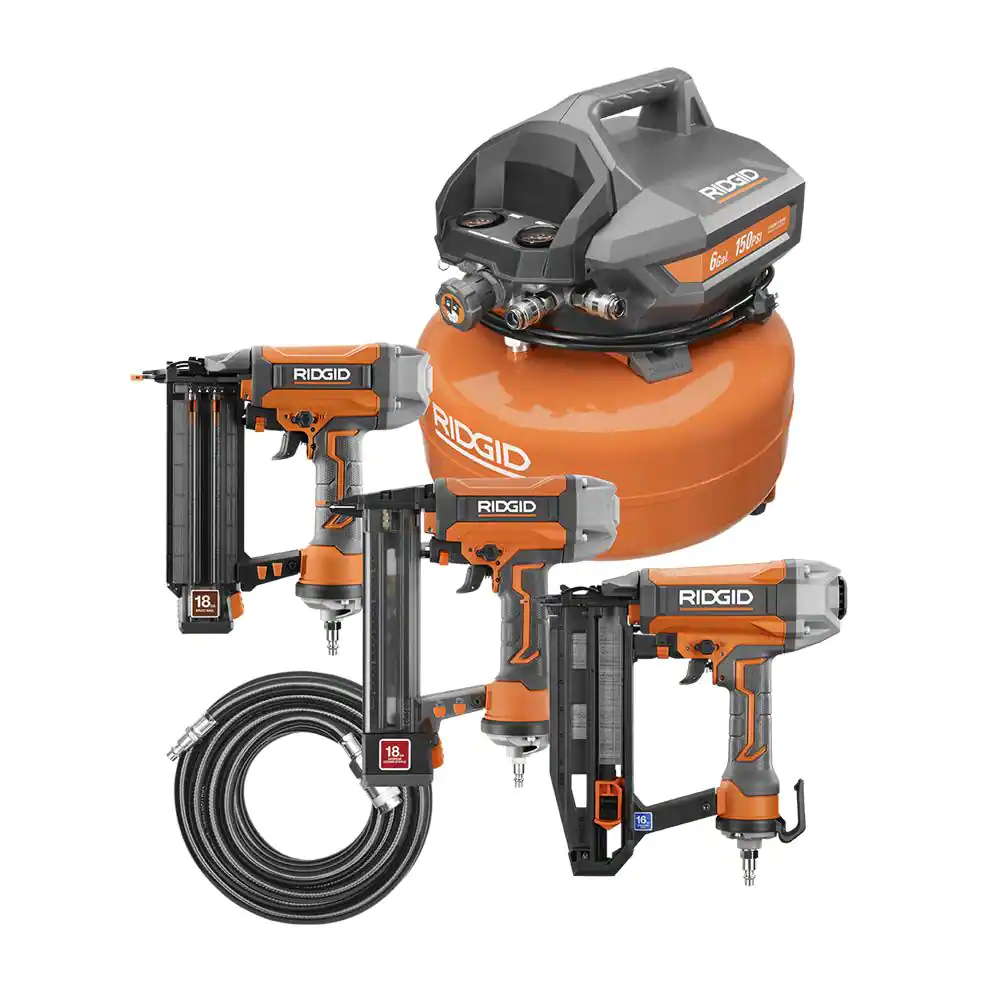 Ridgid 6 Gal. Portable Electric Pancake Air Compressor w/ 18GA Brad Nailer. 16GA Straight Finish Nailer. & 18GA Finish Stapler