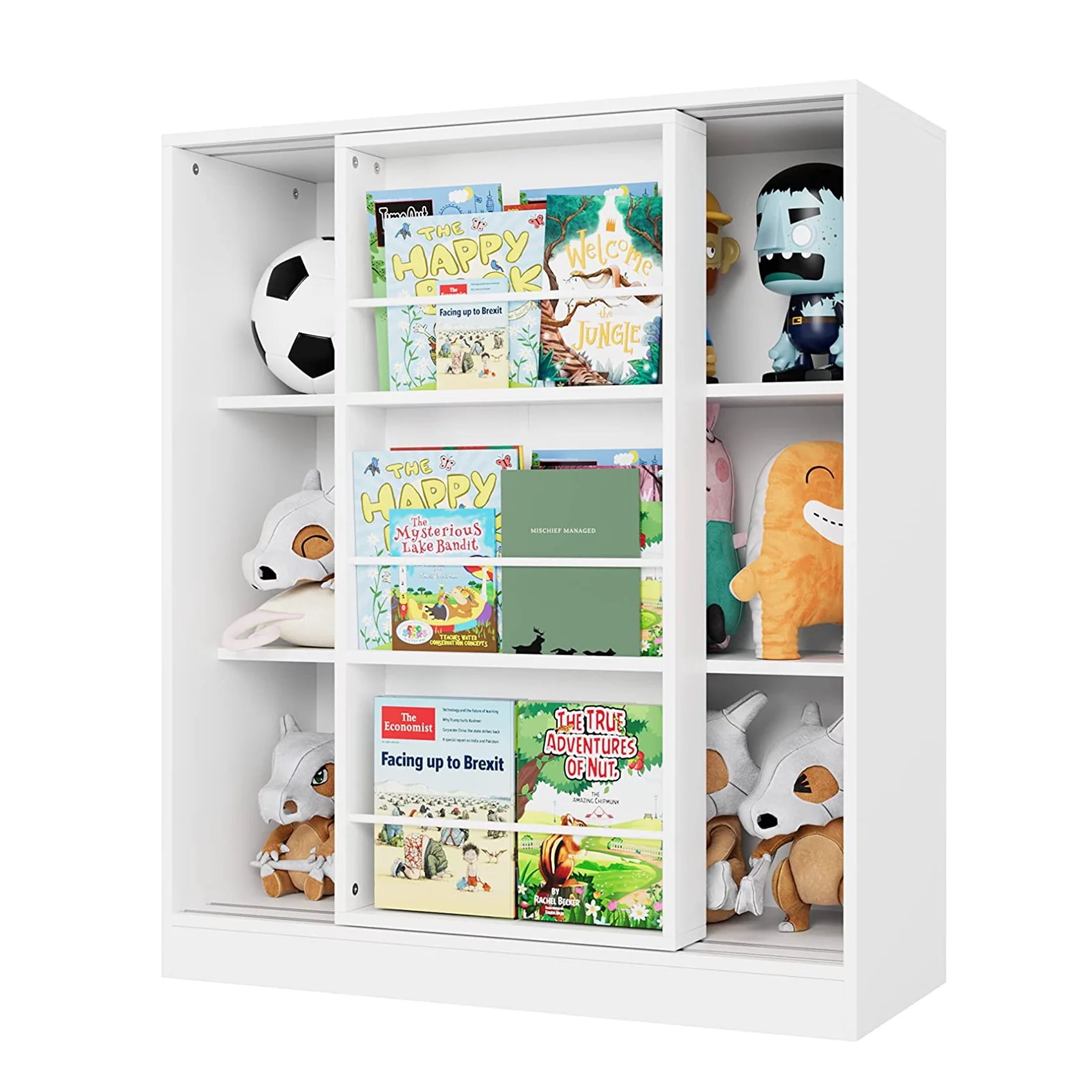 Homfa Kids Bookcase. 3-Tier Toy Organizer with Sliding Door. White