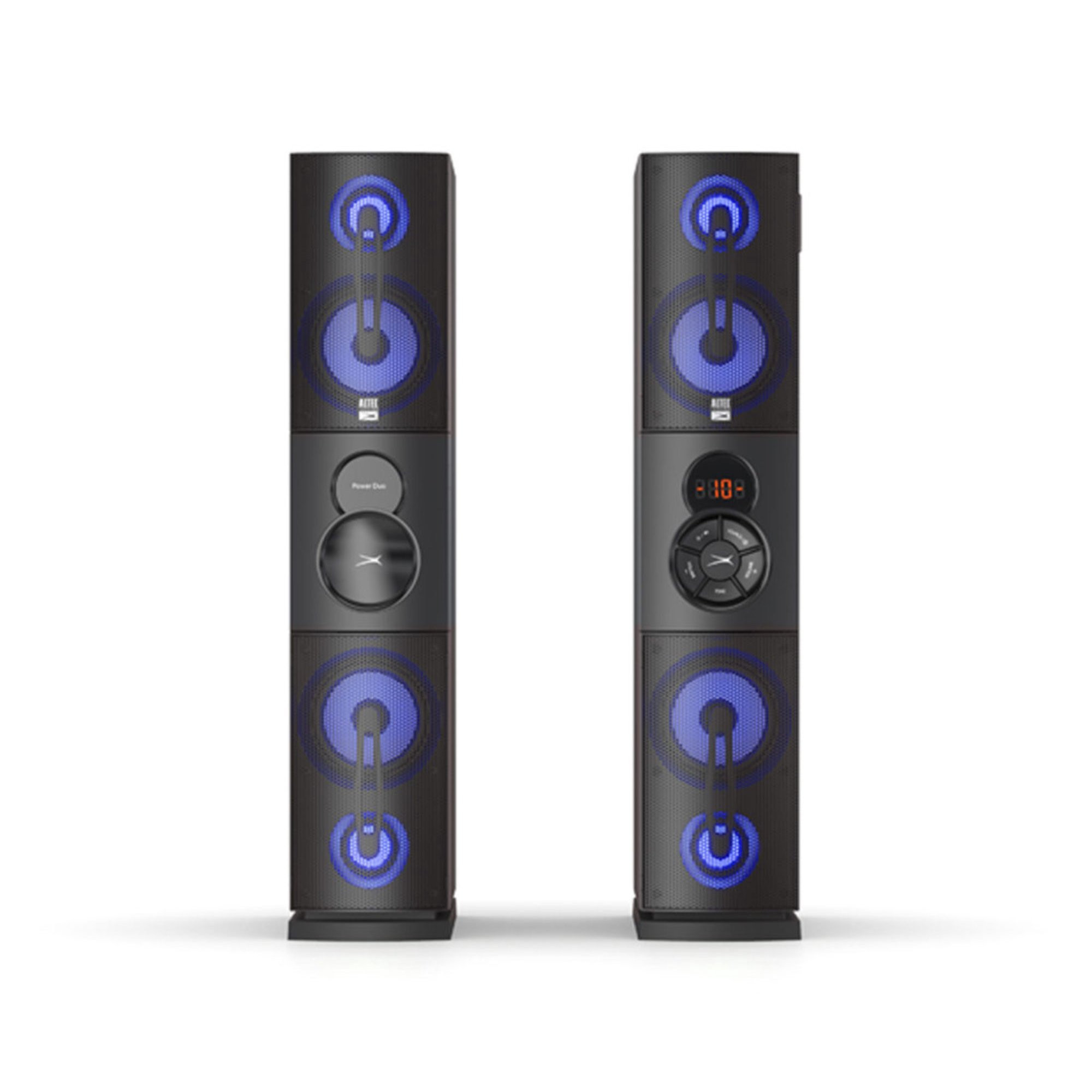 Altec Lansing Party Duo Bluetooth Tower Speaker Set with LED Lights. 2 Wired Microphones. Remote. IMT7003-Black