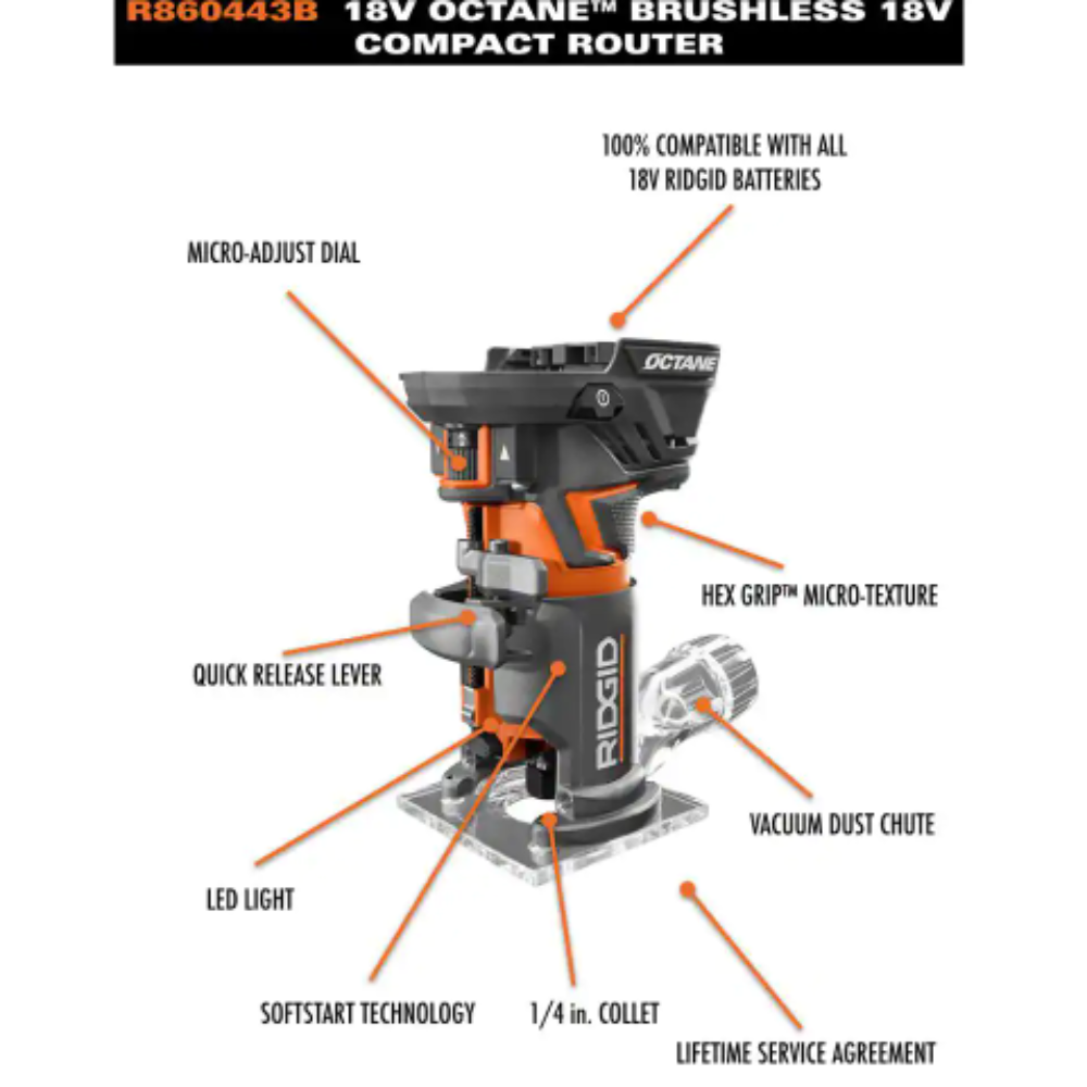 Ridgid 18V OCTANE Brushless Cordless Compact Fixed Base Router Kit w/ Bit. Bases. 18V Lithium-Ion 2.0 Ah Battery. and Charger