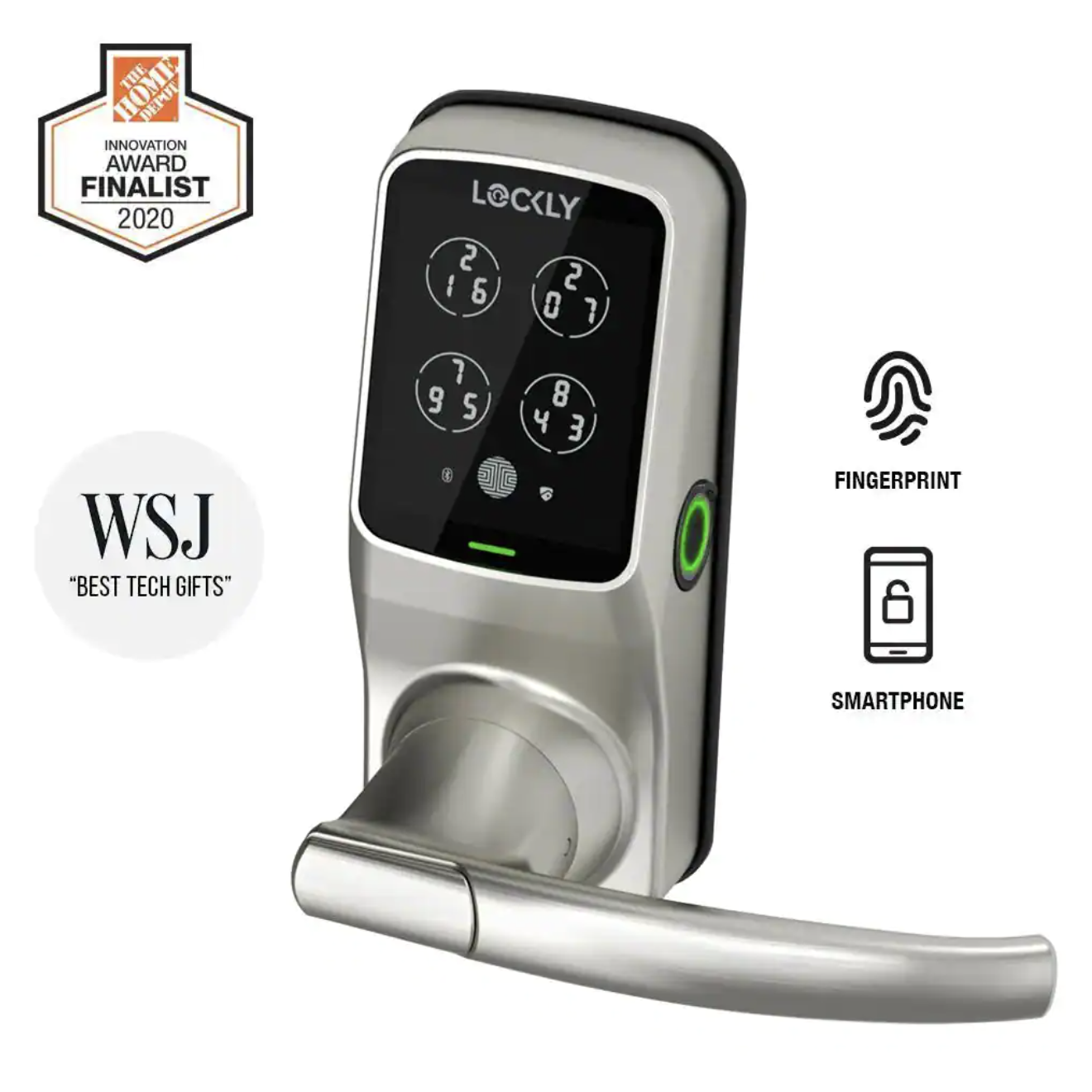 Lockly Secure Plus Satin Nickel Smart Touchscreen Keypad Door Latch Lock with Fingerprint and Bluetooth