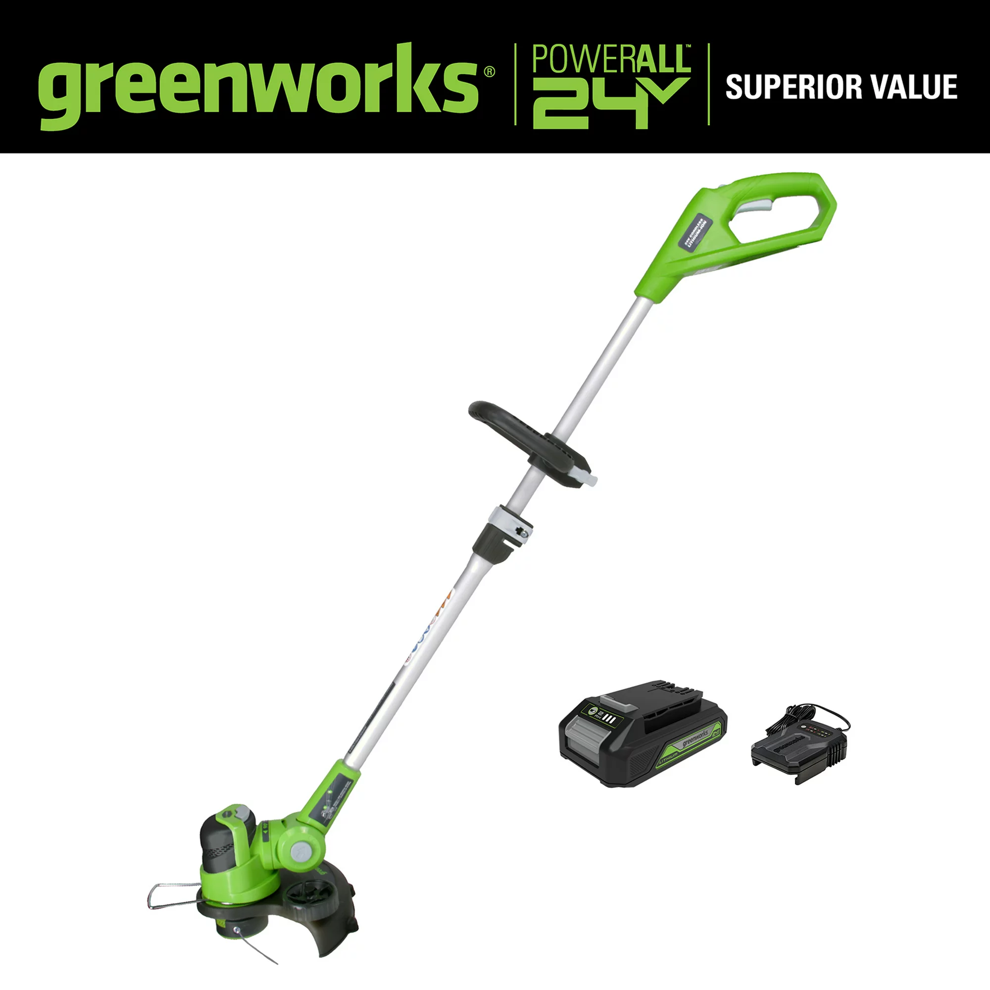 Greenworks 24V 12 inch Cordless String Trimmer/Edger with 2.0 Ah Battery and Charger. ST24B210
