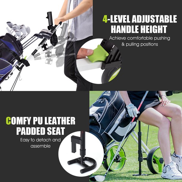 Costway Foldable 3 Wheel Push Pull Golf Club Cart Trolley w/Seat Scoreboard Bag Swivel