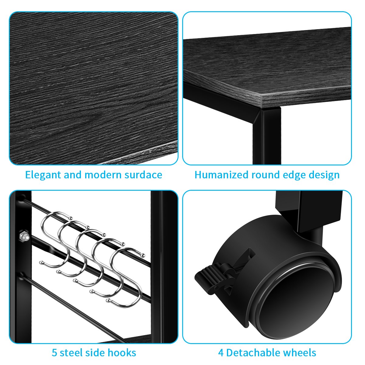 Cheflaud Kitchen Microwave Cart. 3-Tier Kitchen Utility Cart Vintage Rolling Bakers Rack with 5 Hooks. Black