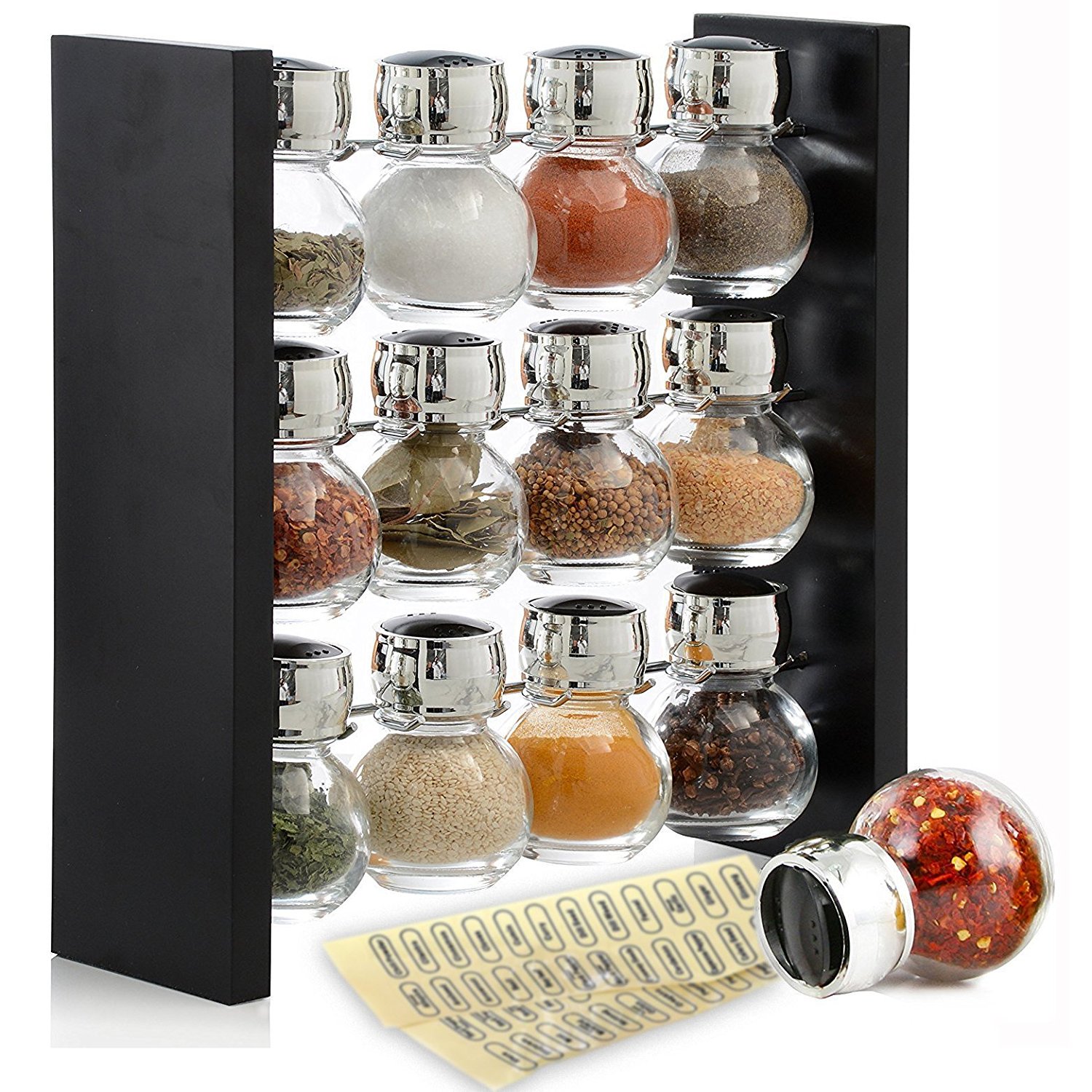 Blumwares Spice Rack Stand with 12 Clear Glass Bottles Sleek and Kitchen Organizer