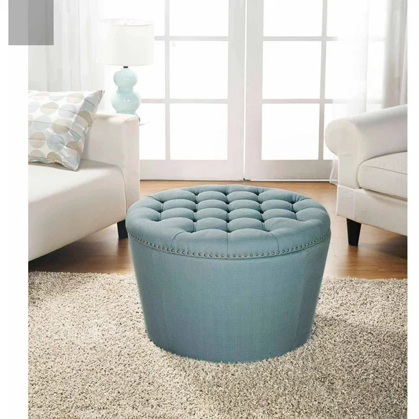 Better Homes & Gardens Round Tufted Storage Ottoman With Nailheads. Teal