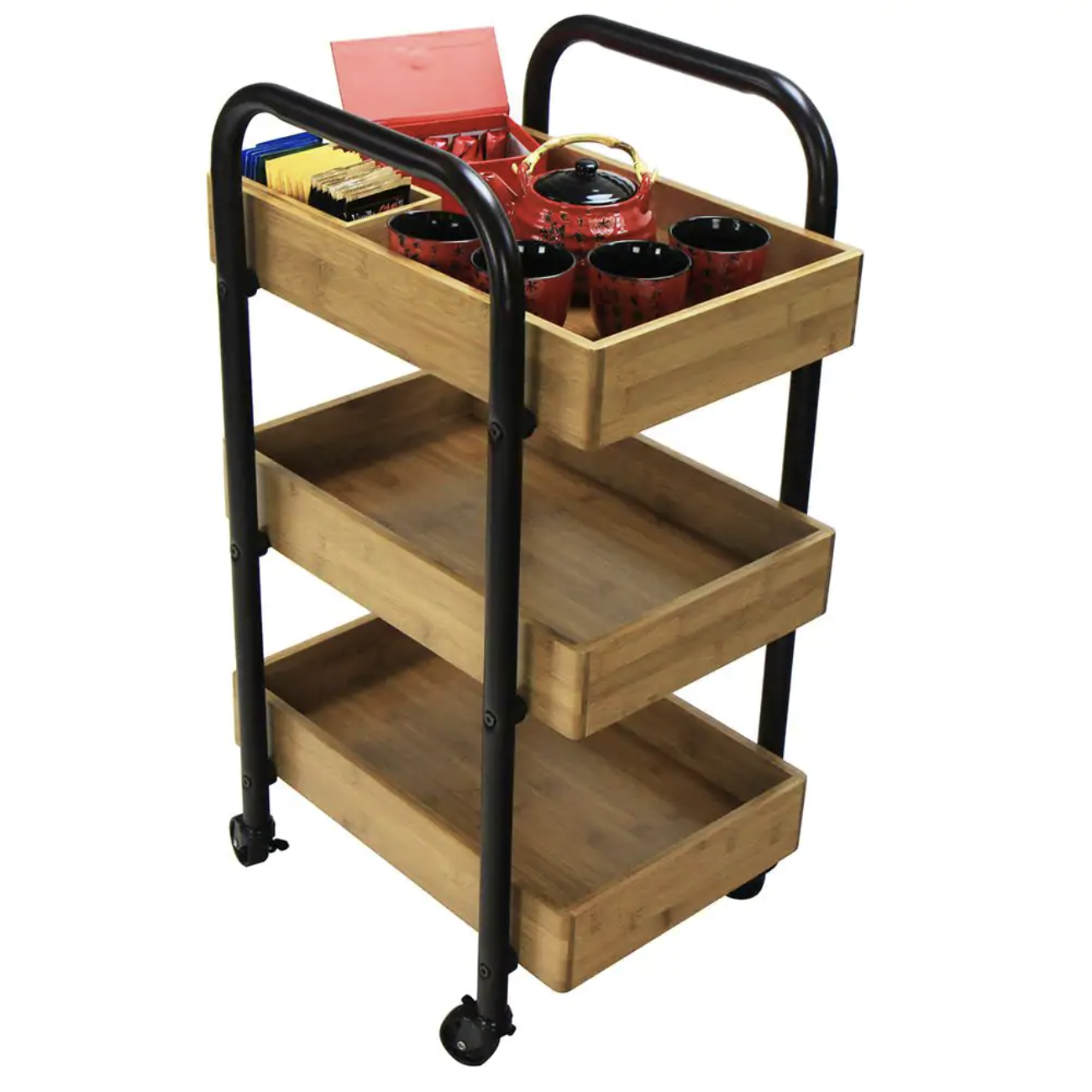 Oceanstar 3-Tier Metal Wheeled Portable Storage Cart with Removable Bamboo Trays