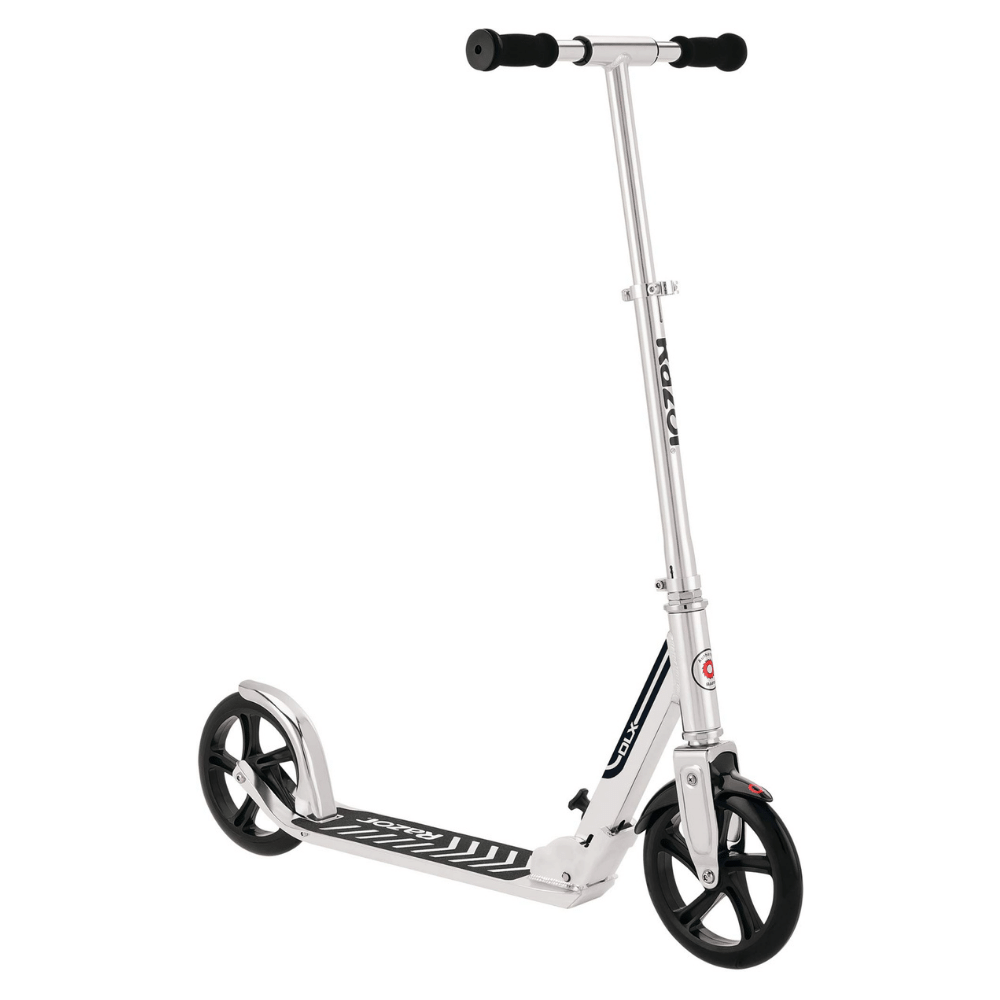 Razor A5 DLX Kick Scooter. 8″ Large Wheels. Anti-Rattle Folding Aluminum Scooter. Silver - Easy Open