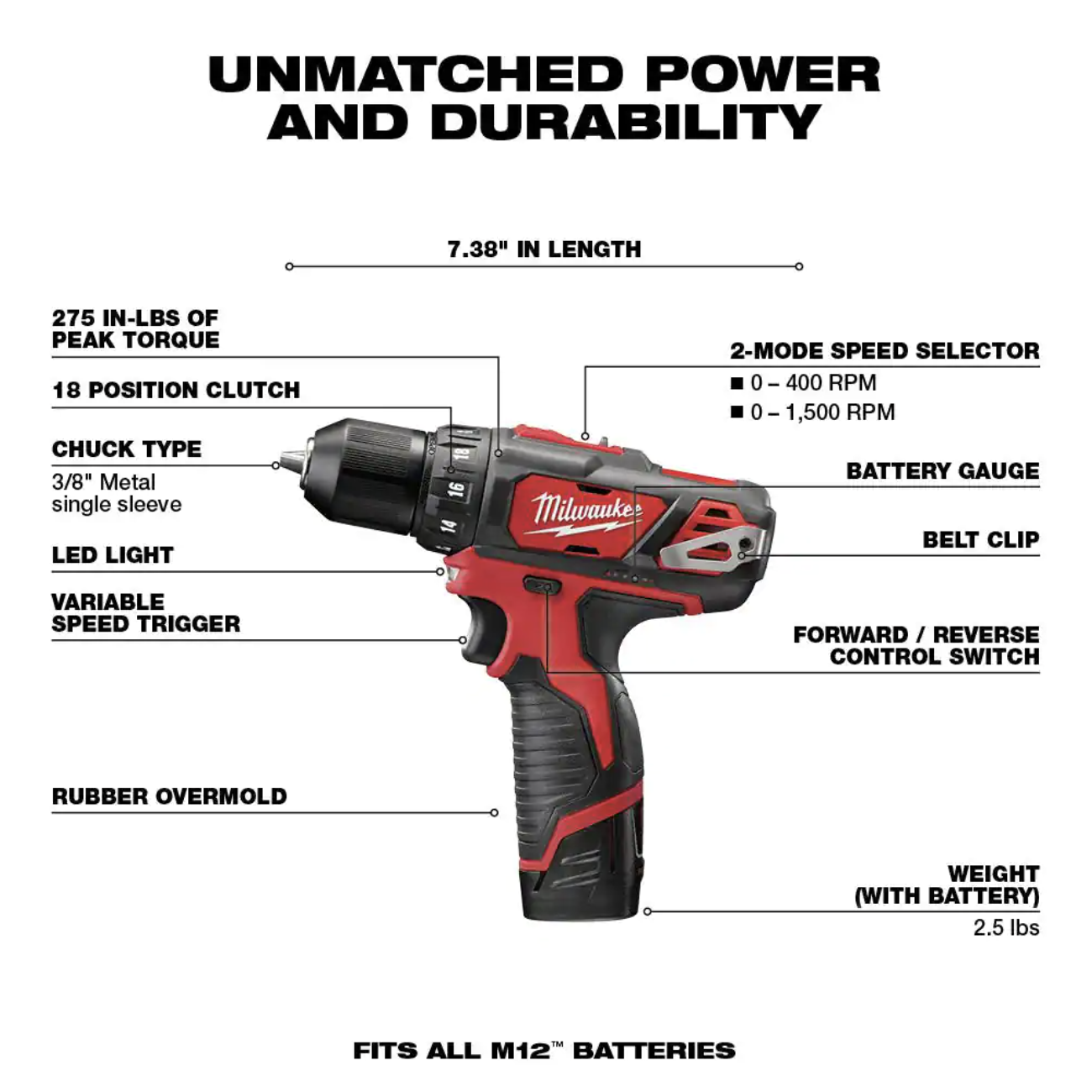 Milwaukee M12 12V Lithium-Ion Cordless 3/8 in. Drill/Driver Kit with Two 1.5 Ah Batteries. Charger and Tool Bag