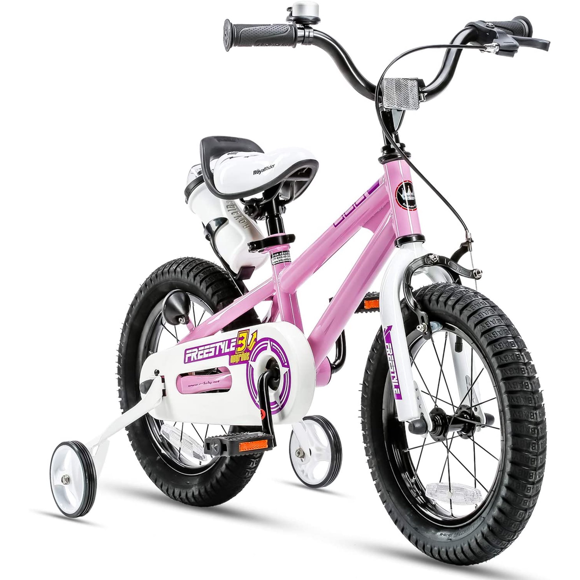Royalbaby Freestyle 14 In. Kids Bike with Training Wheels and Water Bottle. Pink