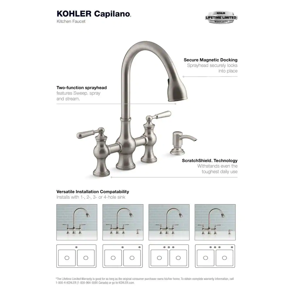 Kohler Capilano 2-Handle Bridge Farmhouse Pull-Down Kitchen Faucet With Soap Dispenser. Vibrant Stainless