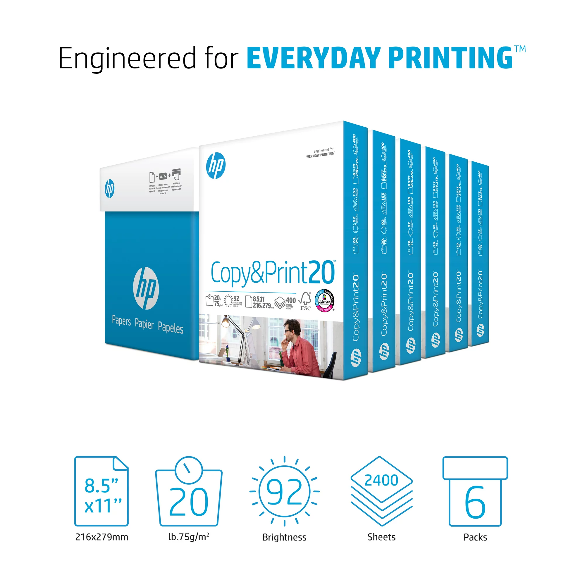 HP Printer Paper - Copy and Print. 20 lb.. 8.5″ x 11″. 2.400 Sheets. 6 Pack