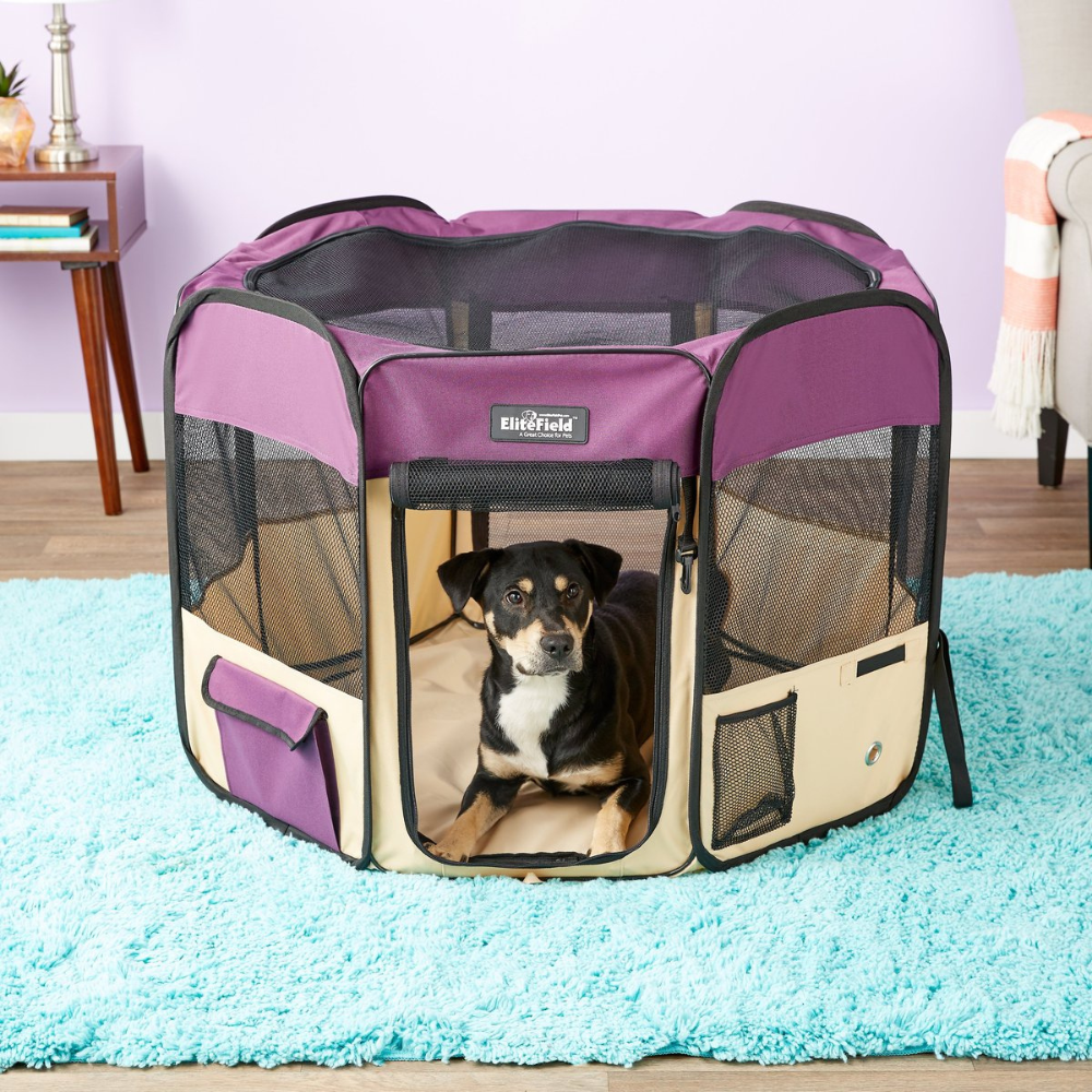 EliteField 2-Door Soft-Sided Dog & Cat Playpen. Purple & Beige. 36 x 36 x 24 - in