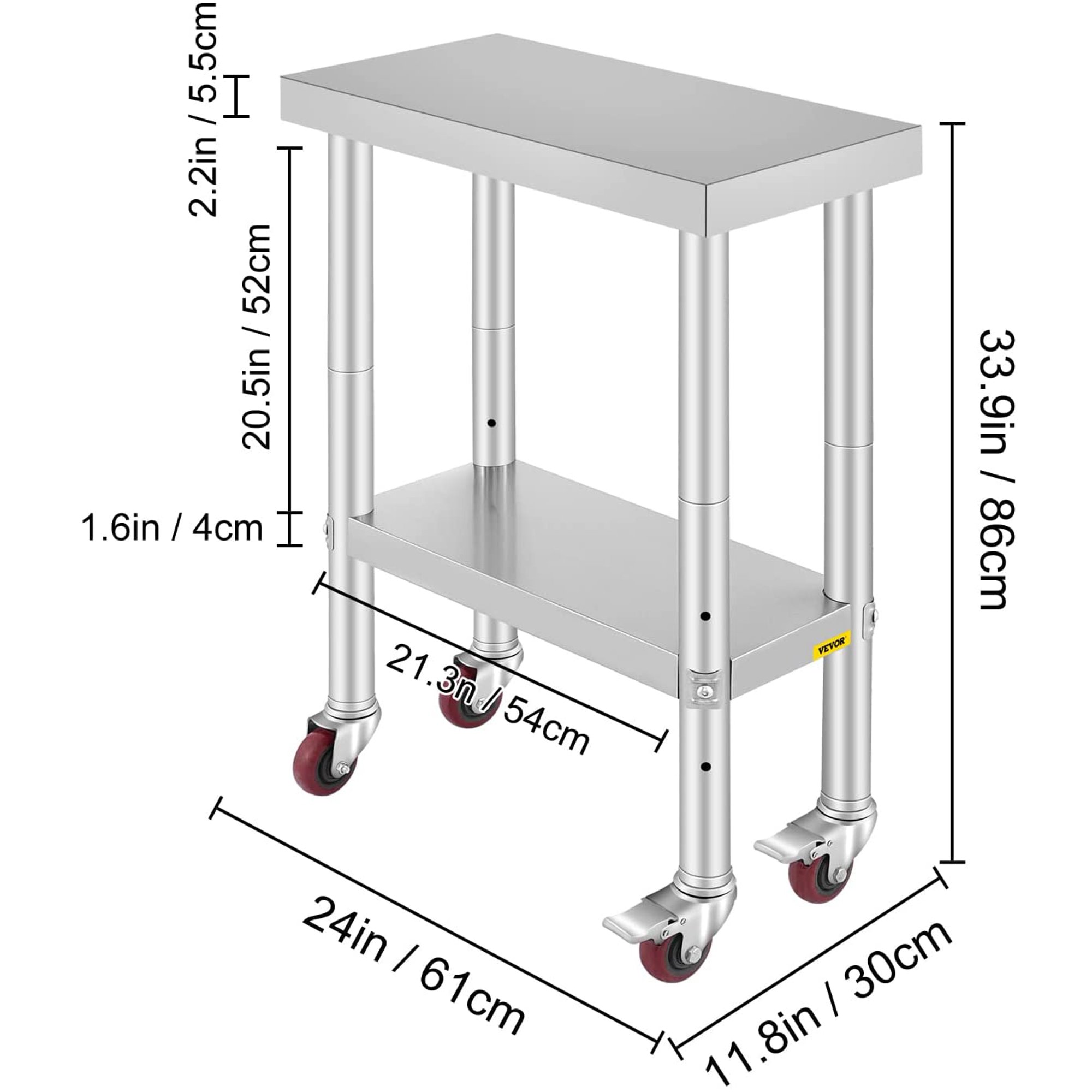 Vevor Stainless-Steel Work Table 24 x 12 Inches with 4 Wheels