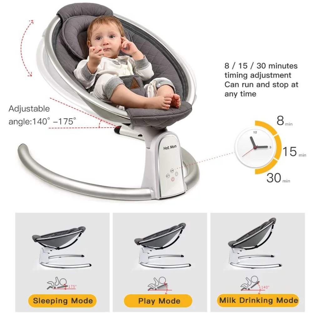 Hot Mom Electric Baby Swing. Bluetooth Baby Rocker with Intelligence Timing. Adjustable Seat Baby Bouncer