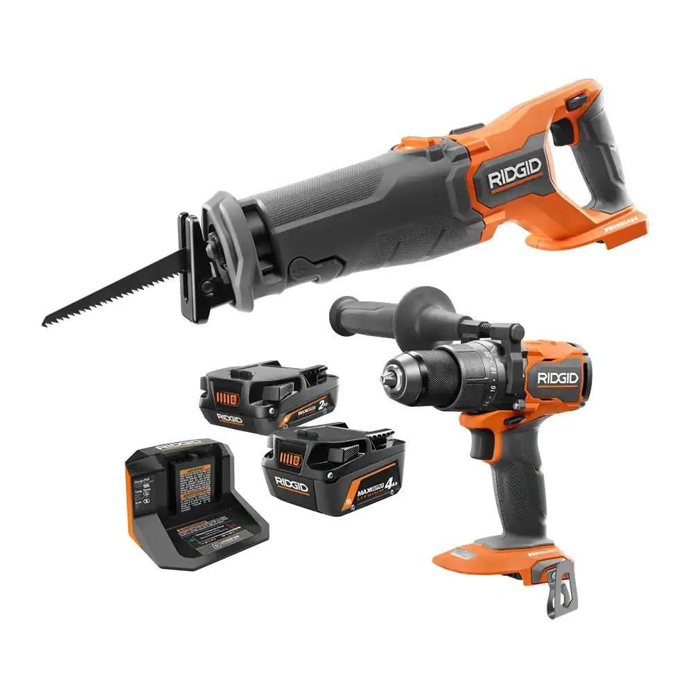 Ridgid 18V Brushless Cordless 1/2 in. Hammer Drill And Reciprocating Saw Kit With 4.0 Ah Battery. 2.0 Ah Battery. And Charger