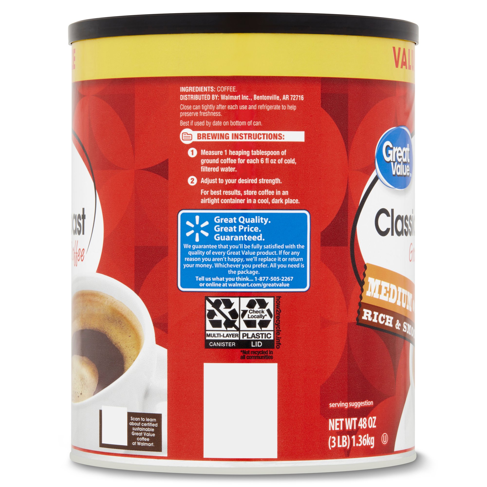 Great Value 4-pack Classic Roast Medium Ground Coffee. Value Size. 48 oz