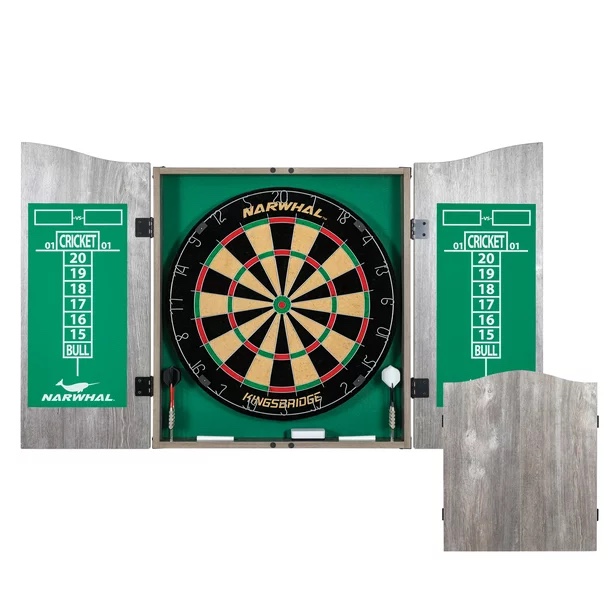 Narwhal Kingsbridge Dartboard and Cabinet Set. Official 18 in Dartboard And 6 Steel Tip Darts